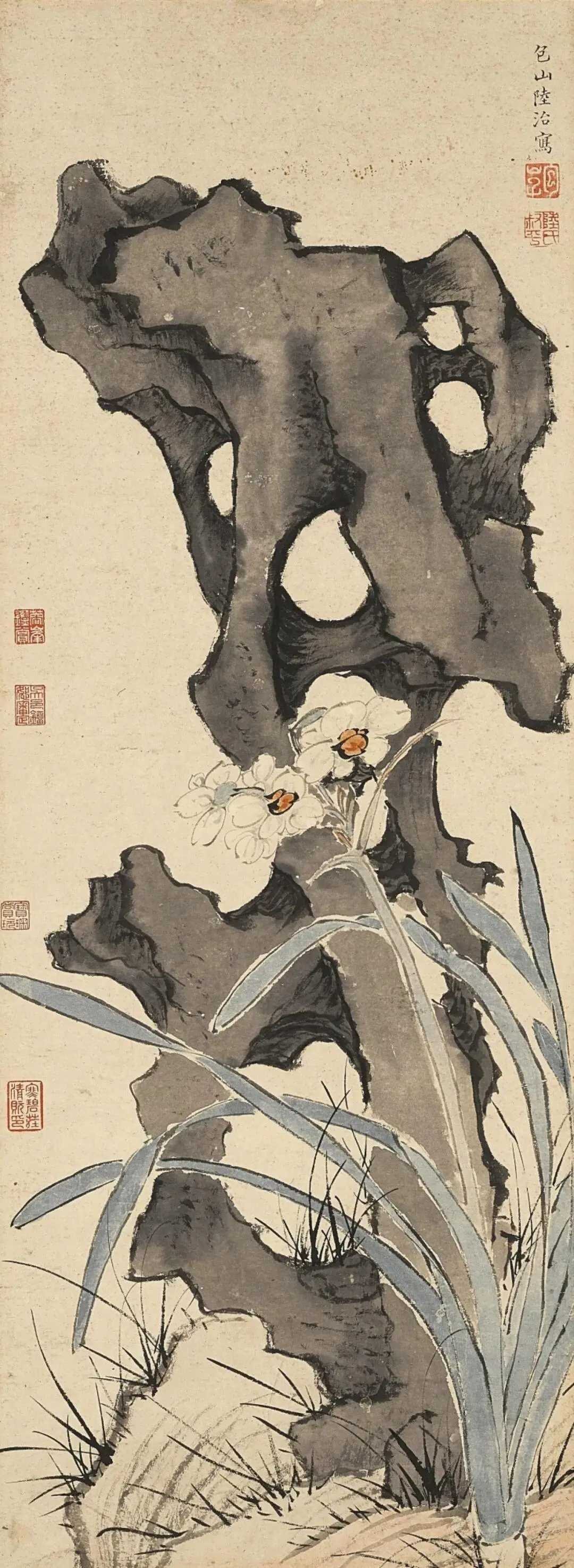 陆治《水仙图》，设色纸本75.7×27.8cm。陆治（1496－1576），字