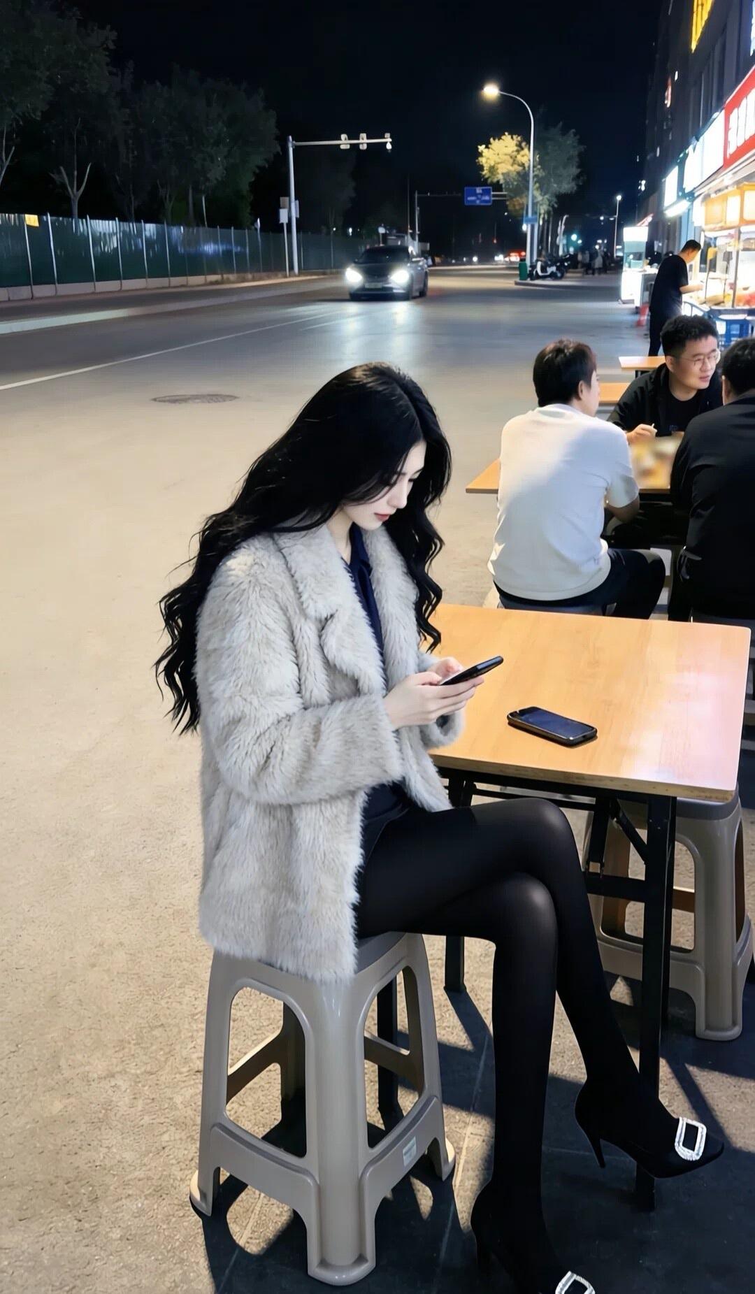 白色皮草配厚黑高跟，真的很好看