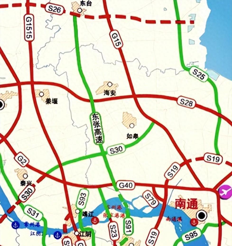 S91东张高速（东台‑张家港高速）北起江苏东台东兴高速枢纽，向南经海安、如皋，对
