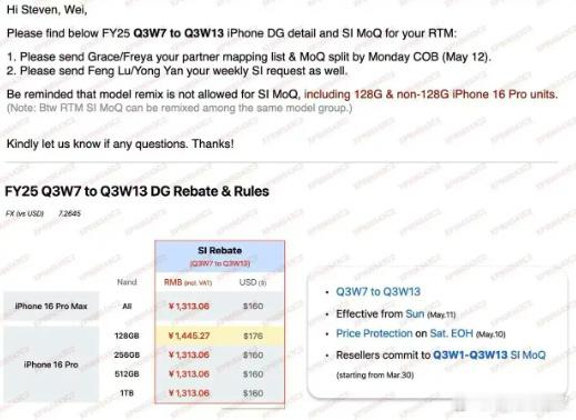 苹果渠道官方调价苹果今日下发了调价通知，iPhone16ProMax所