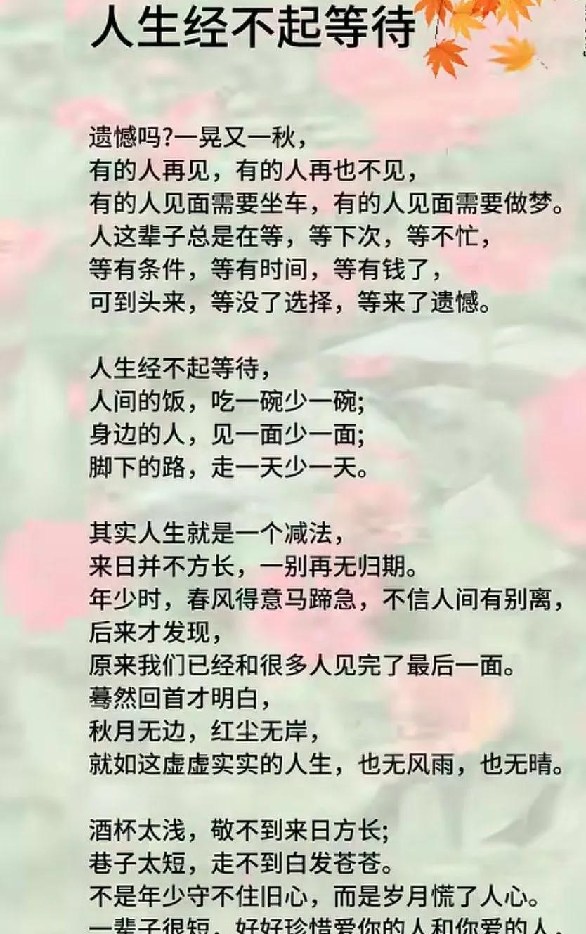 人这一辈子，最常做的事就是等，在等待中茫然度过了自己的一生。等将来，等以后，等有