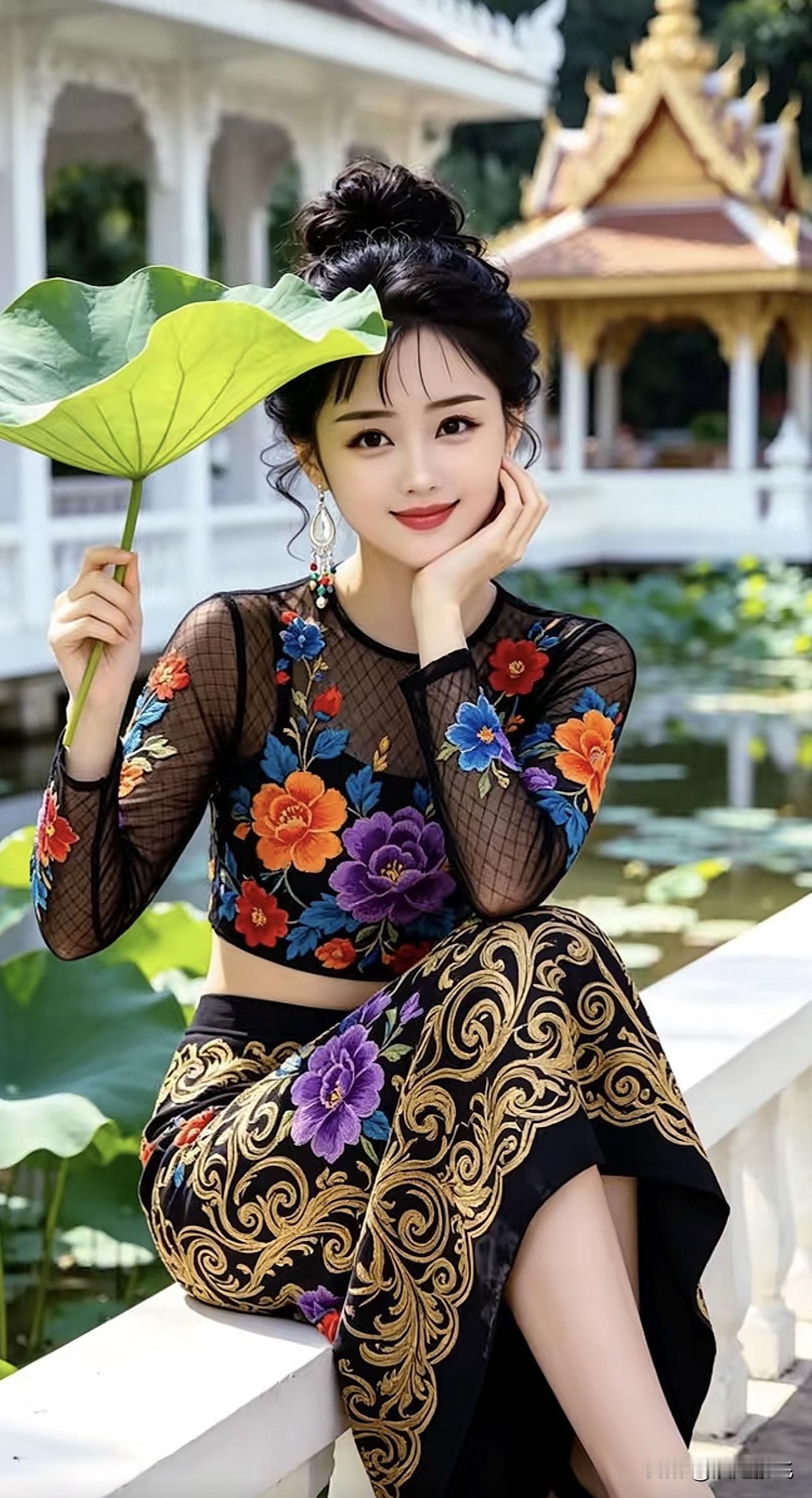 莲花池畔，美人倚栏。湖边美人景莲花池畔打卡莲花池自然风光莲花池畔打卡莲花