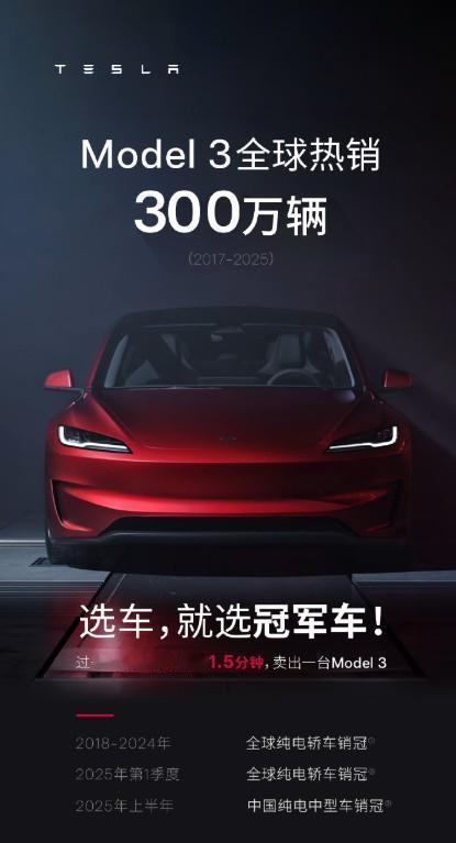 特斯拉官方发文称：Model3全球销量300万辆（2017-2025），蝉联7
