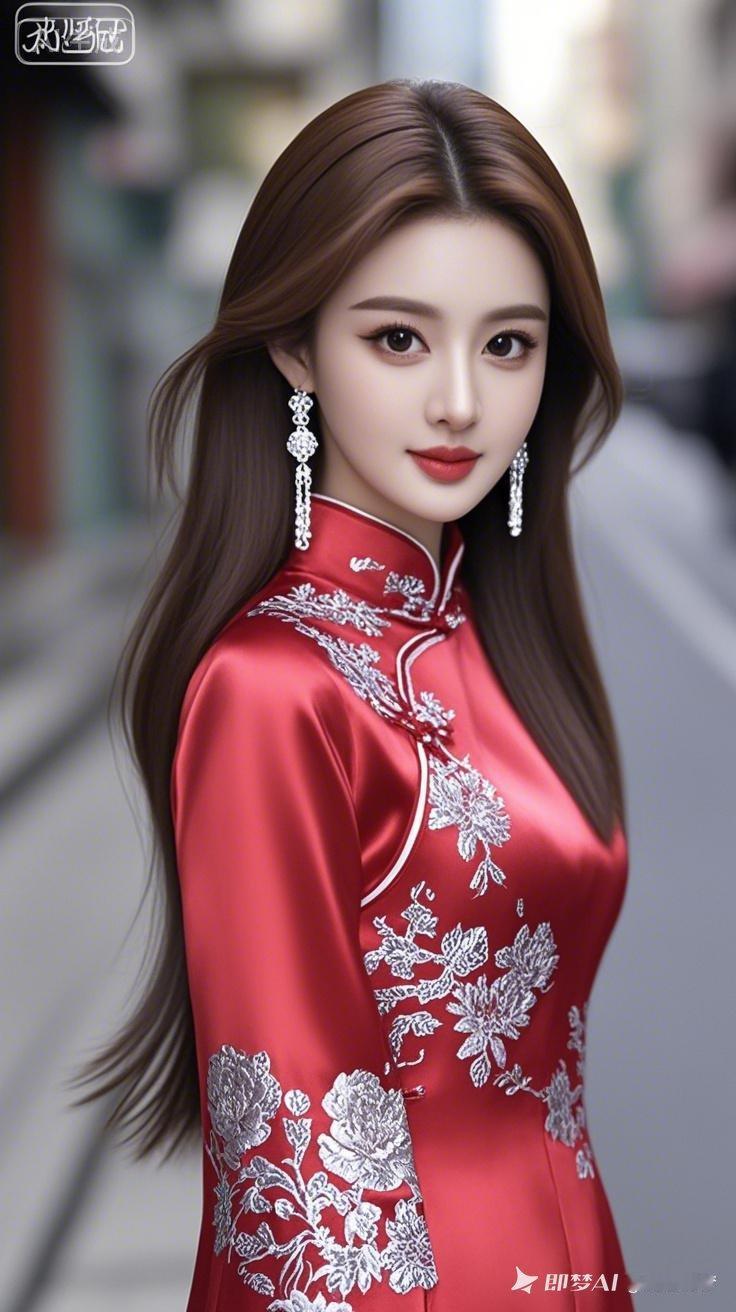 东方绝色美女正面写真，大波浪长发飘逸，长耳坠点缀，浓眉大眼长睫毛，肌肤白皙细腻。