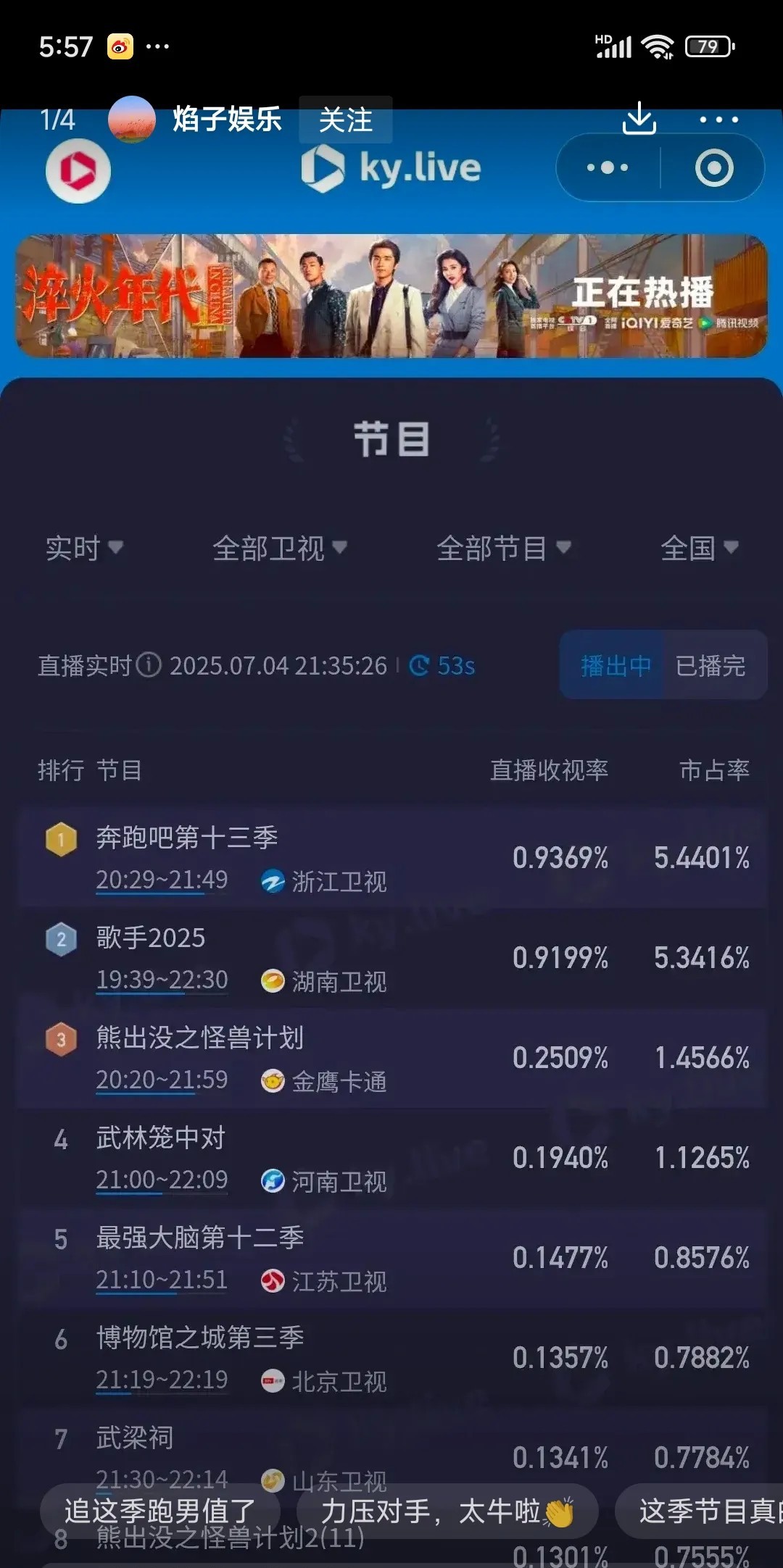 最新一期《奔跑吧兄弟13季》收视率继续毫无悬念的领先《歌手2025》，跑男这期节