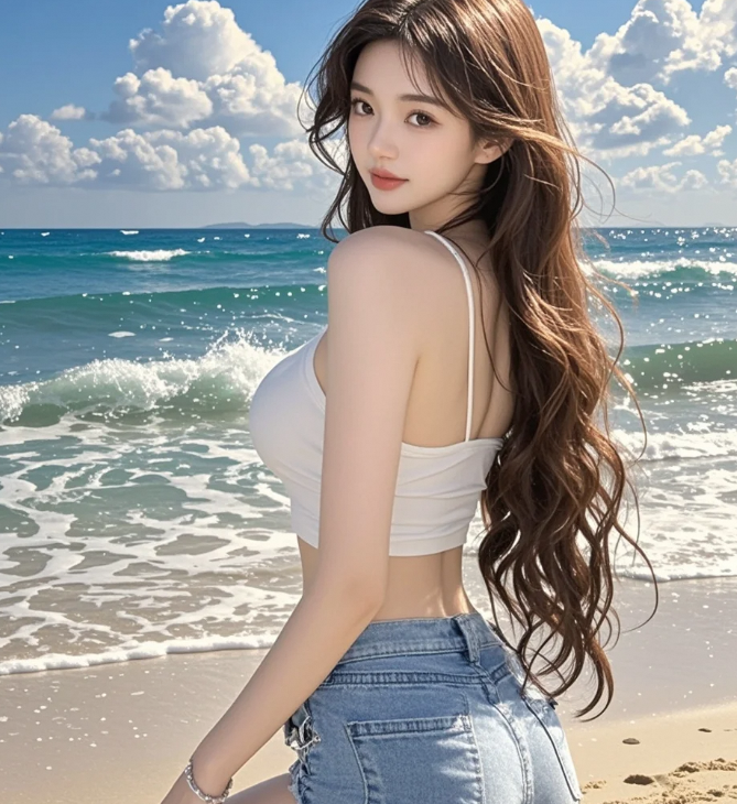 娇俏佳人沙滩漫步，回眸瞬间惊艳时光
