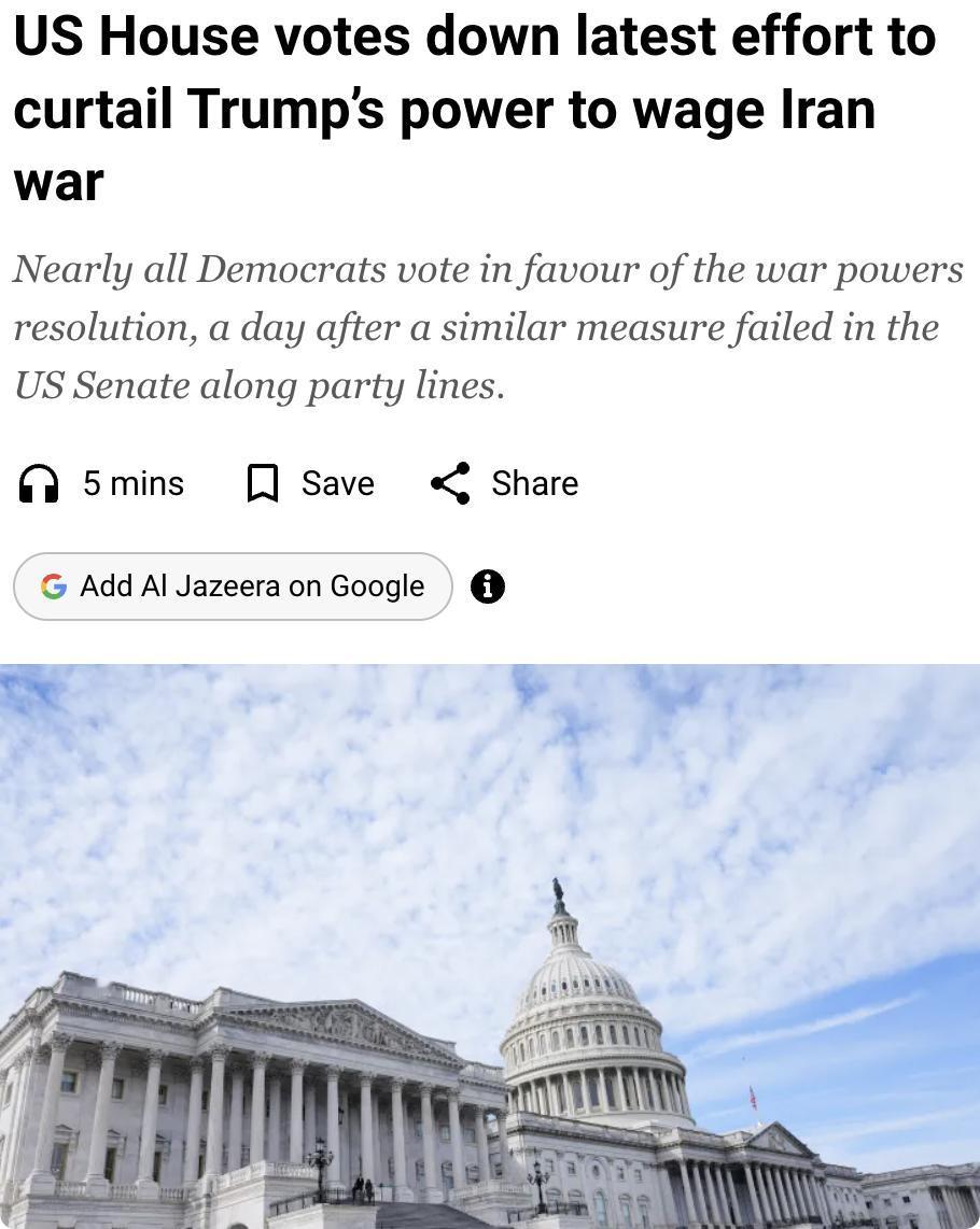 外媒：美国众议院以213票赞成、214票反对的微弱差距否决了限制特朗普对伊朗开战