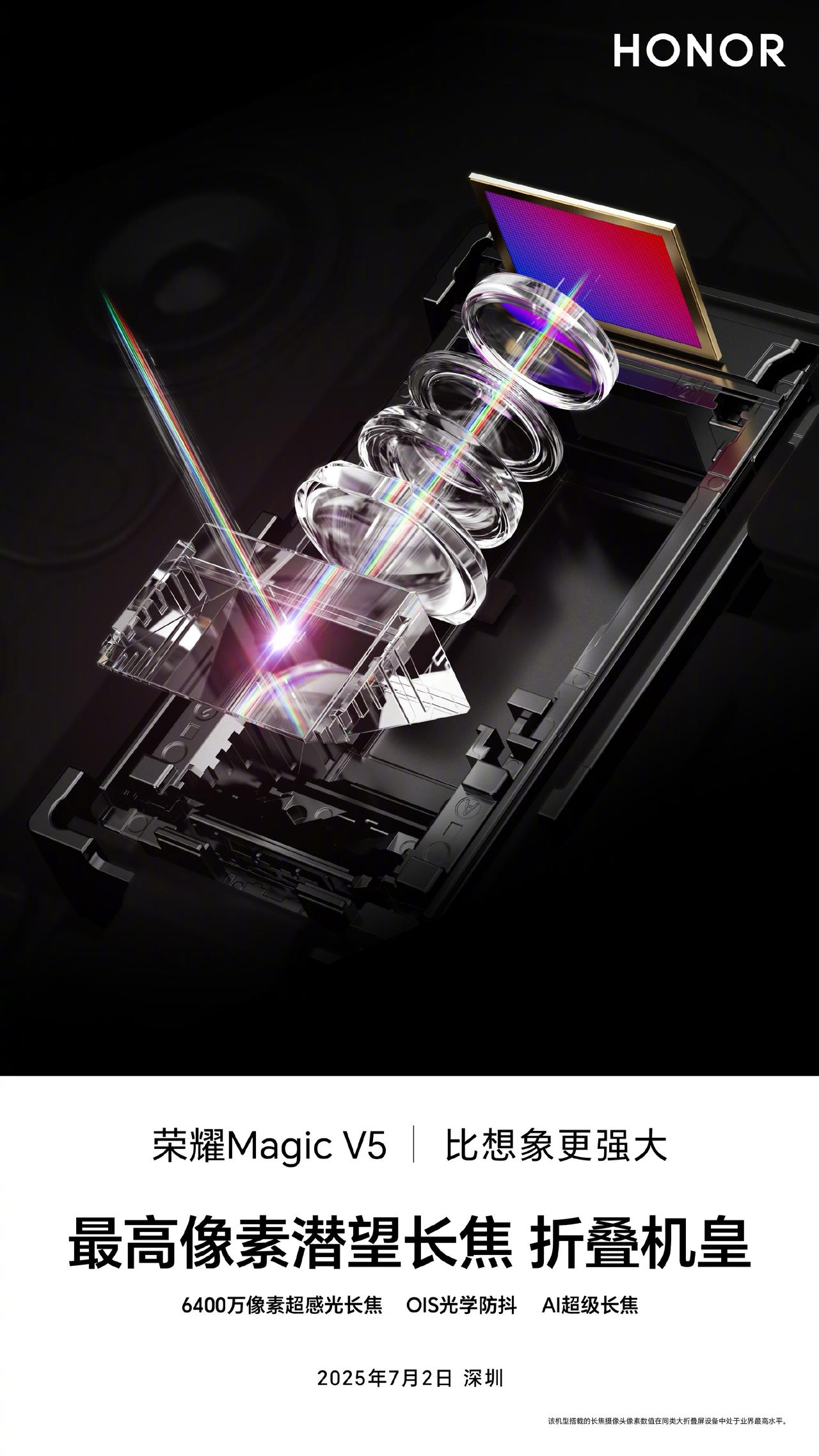 【荣耀MagicV5搭载6400万最高像素潜望长焦】今天，荣耀手机官方宣布，荣