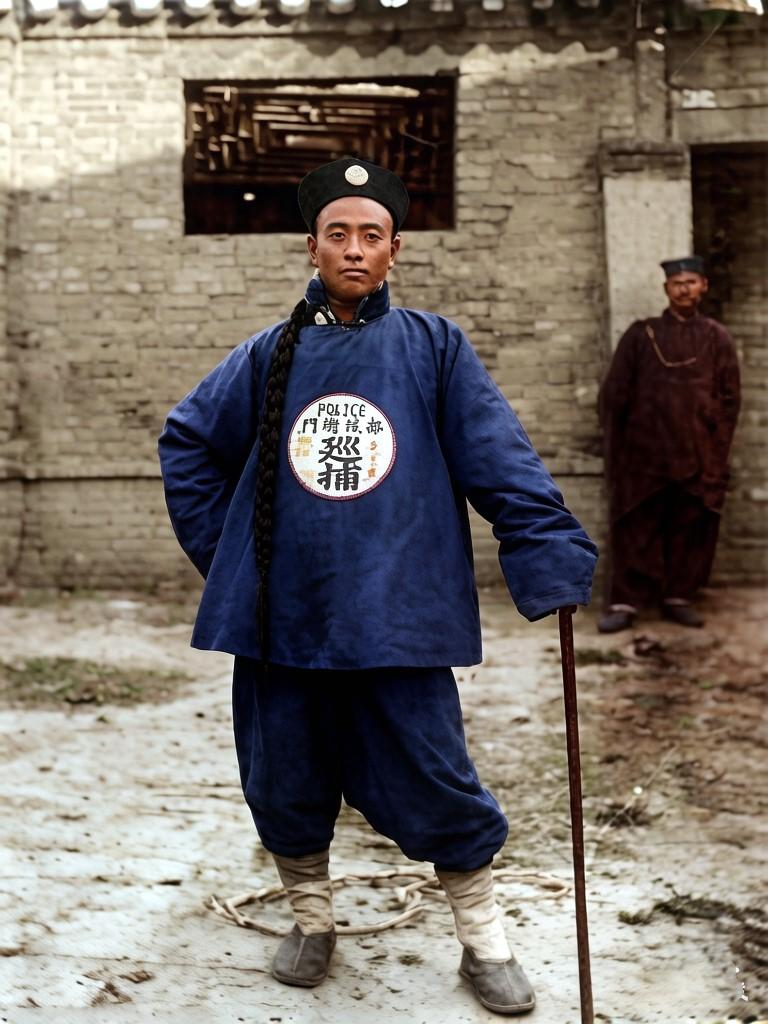 1900年，天津的一名都统衙门巡捕，一手叉腰，一手拄着警棍，胸前的“号补”上有“