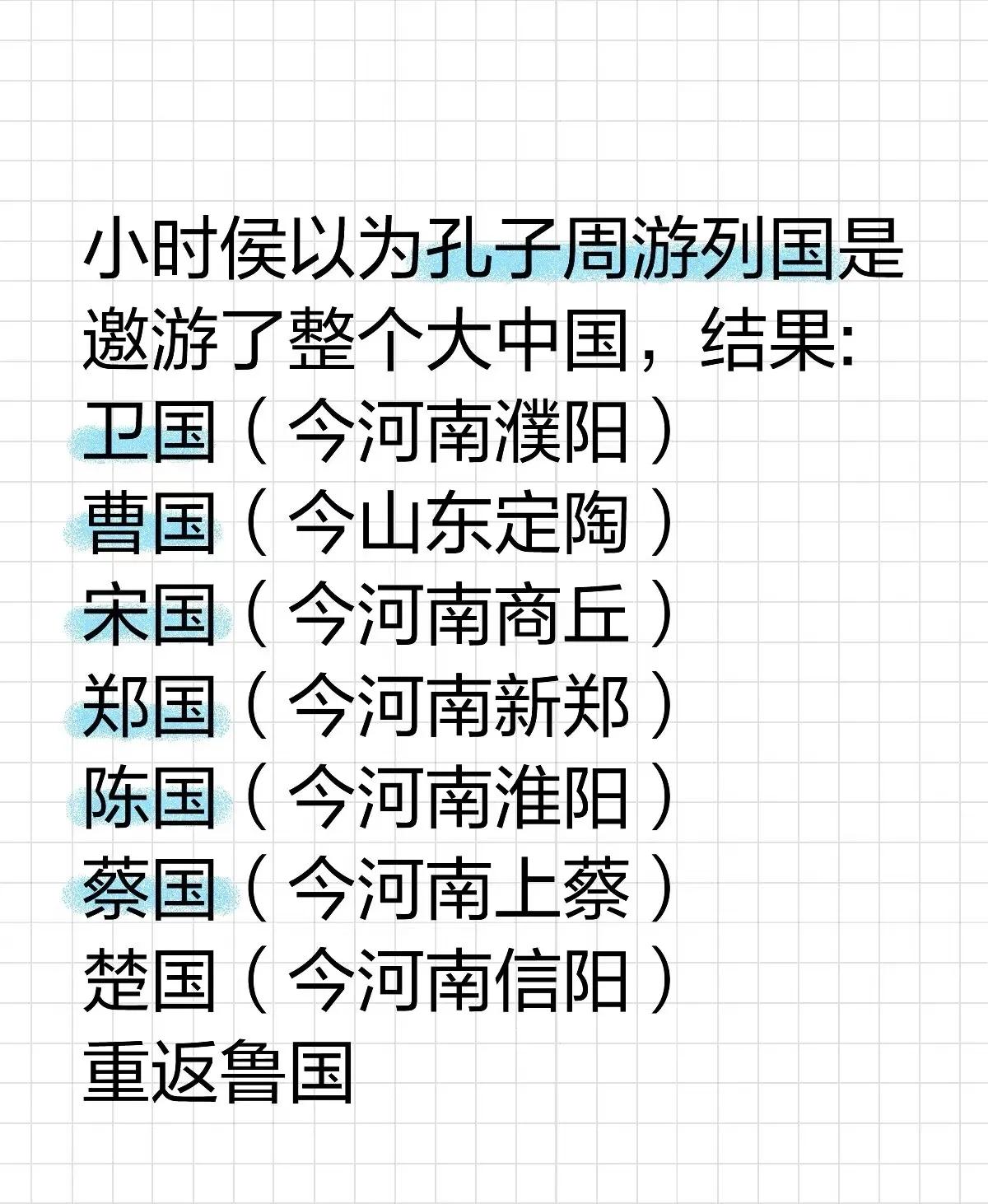 小时侯以为孔子周游列国是邀游了整个大中国，结果:卫国（今河南濮阳）曹国（今山