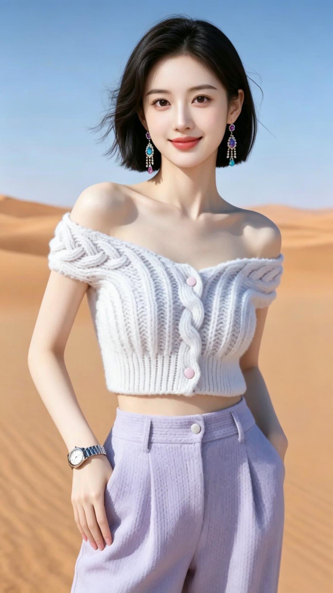 沙漠中的甜美少女，白色毛衣搭配紫色裤子，清新又时尚！🌵👗👠