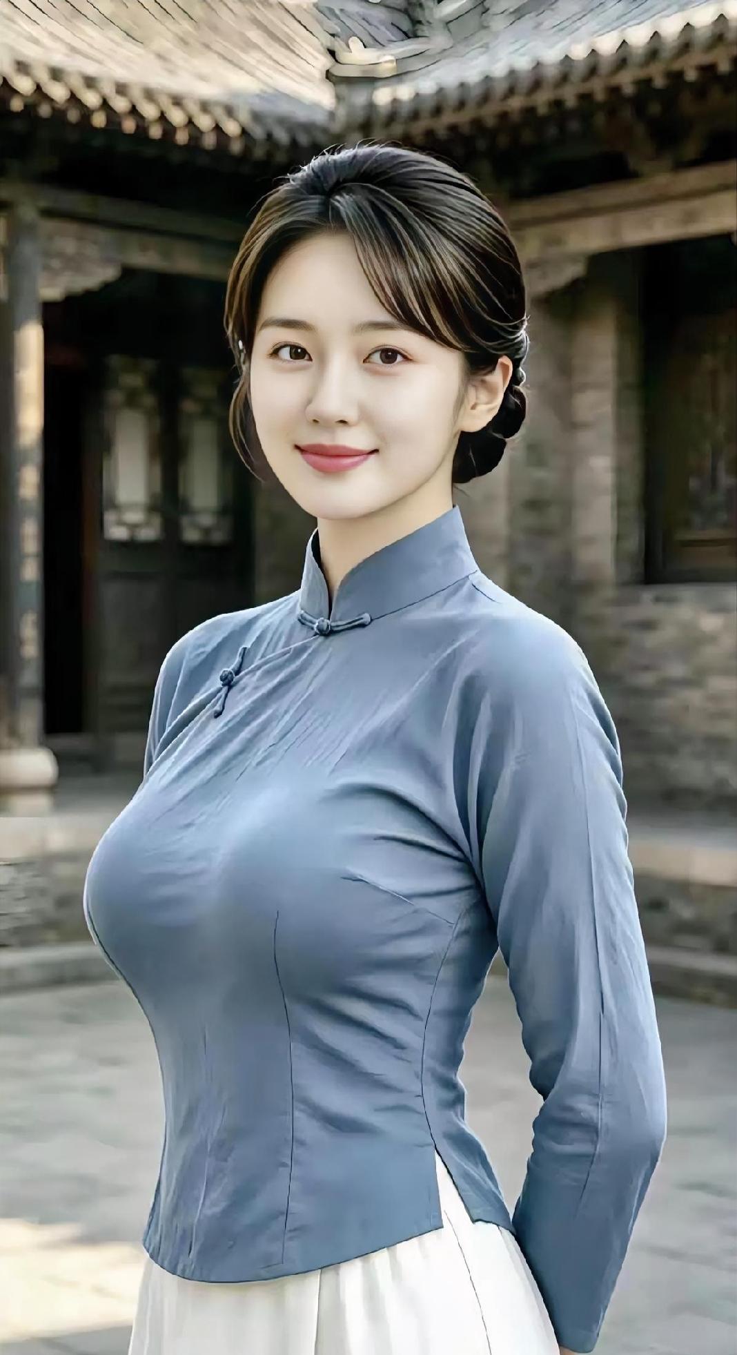 青砖灰瓦间，谁把岁月站成了诗立领轻扣，蓝衫如烟发髻挽住旧时光一笑温软