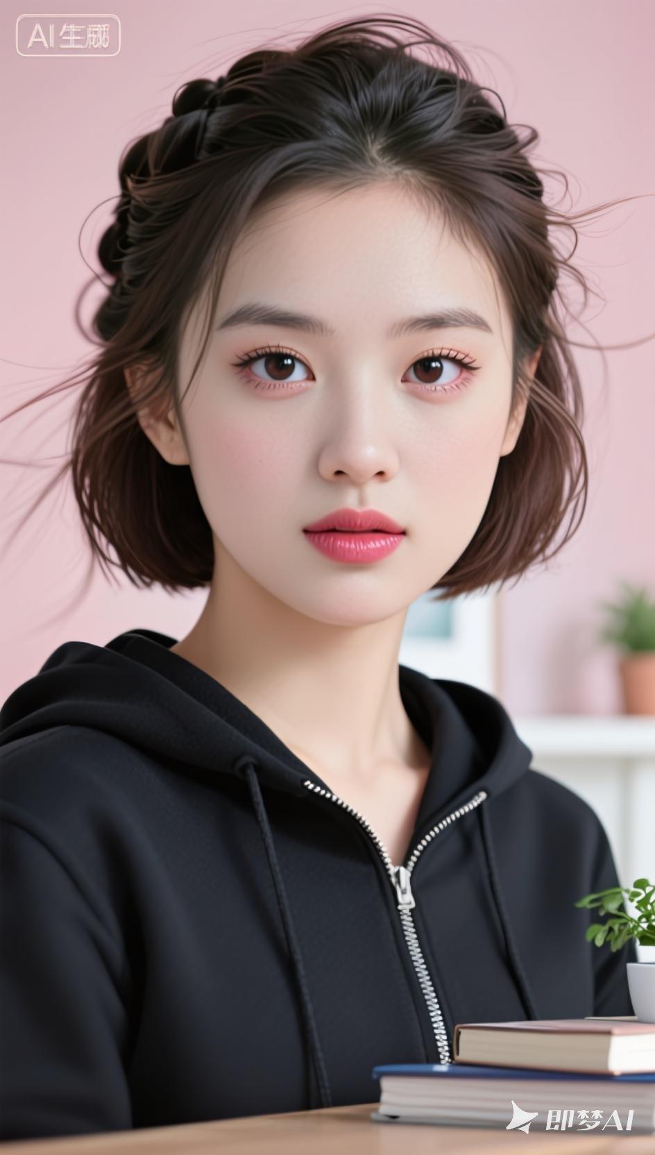 元气少女风，黑发红唇，清新自然