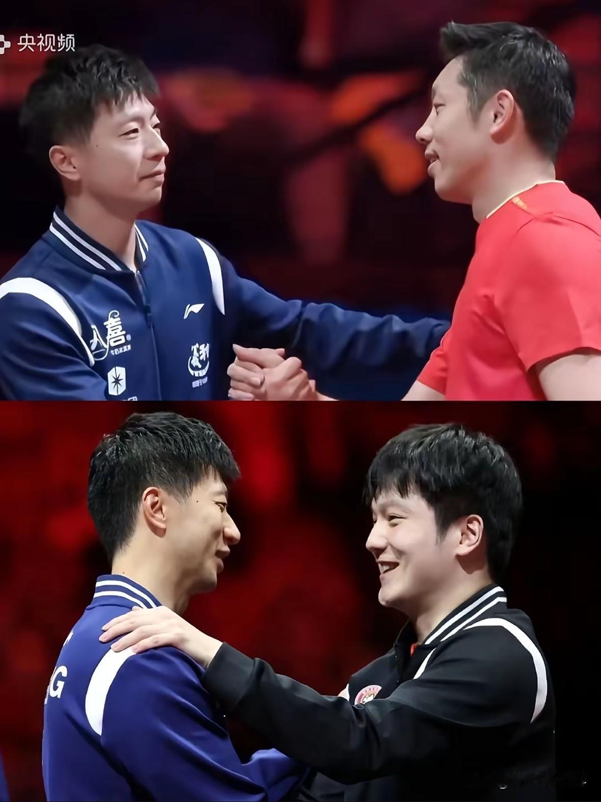 马龙赛后拥抱许昕樊振东这两张照片太有意思了。瞧瞧许昕，让人不禁感慨廉颇老矣，青