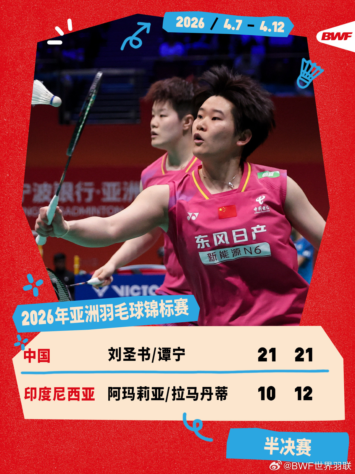 #国羽提前包揽亚锦赛女双冠亚军#2026年羽毛球亚锦赛女双半决赛，刘圣书/谭宁2