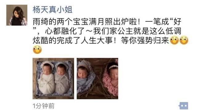 杨天真当年晒出了张雨绮双胞胎宝宝的照片！