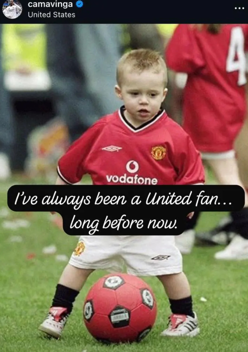 卡马文加，这是在表达转会曼联的愿望么？卡马文加更新社媒，发了一张小孩子穿着曼