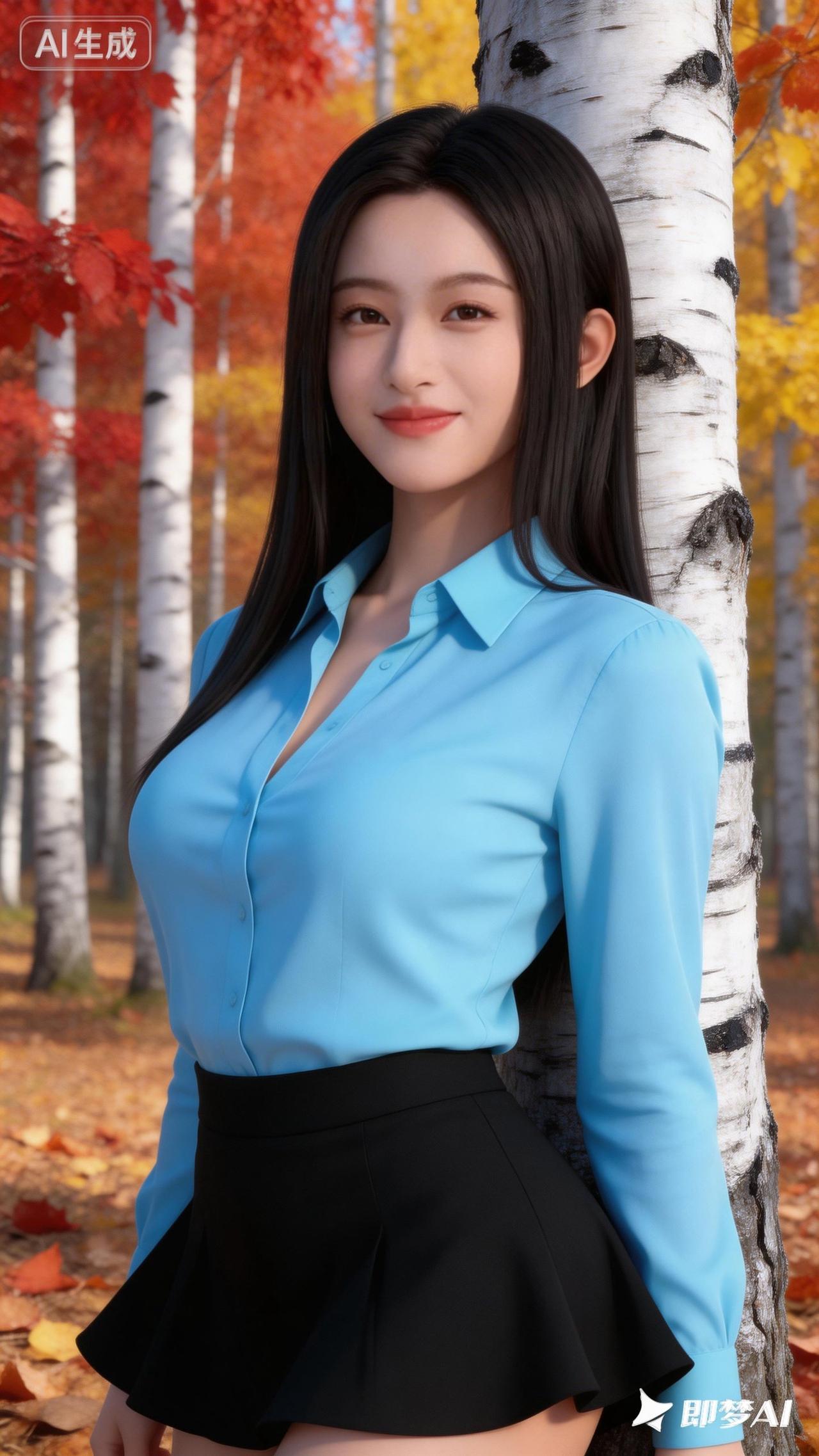 秋日森林中的甜美少女，蓝色衬衫与黑色短裙的完美搭配，尽显优雅与时尚。