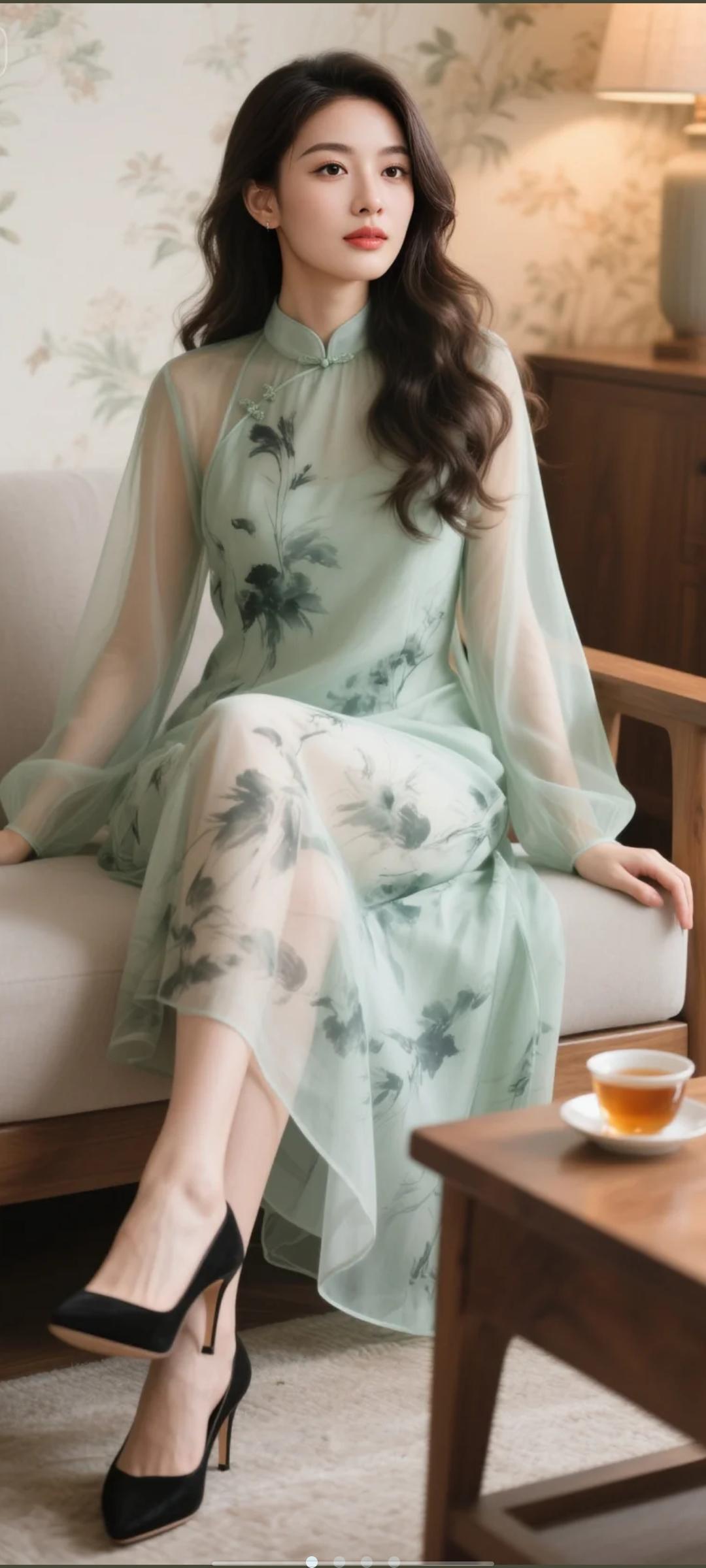 怎样穿搭知性又显身材?优雅气质，浅绿旗袍，复古茶香，韵味十足。