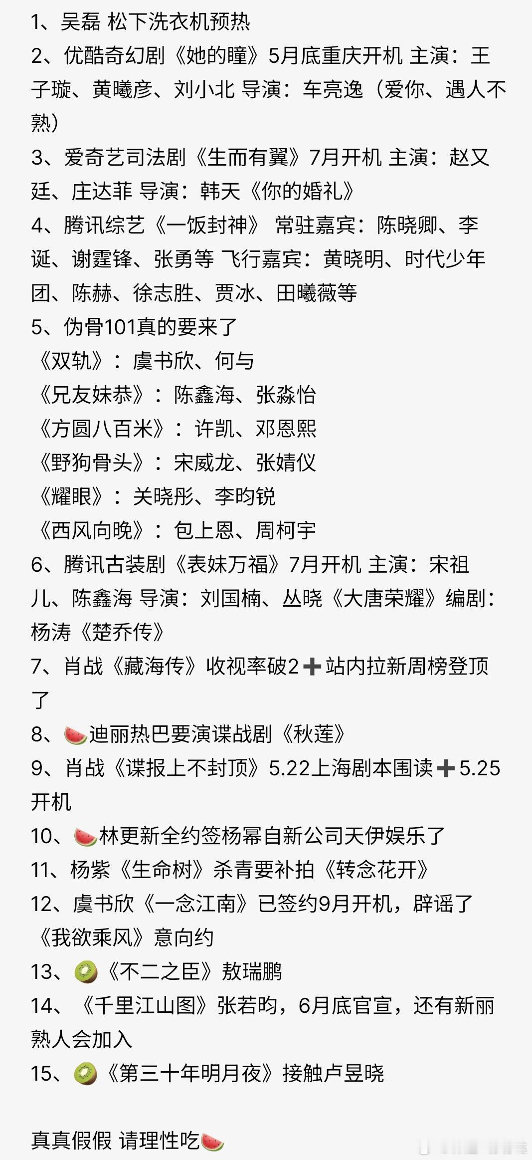 1、吴磊松下洗衣机预热2、优酷奇幻剧《她的瞳》5月底重庆开机主演：王子璇、黄