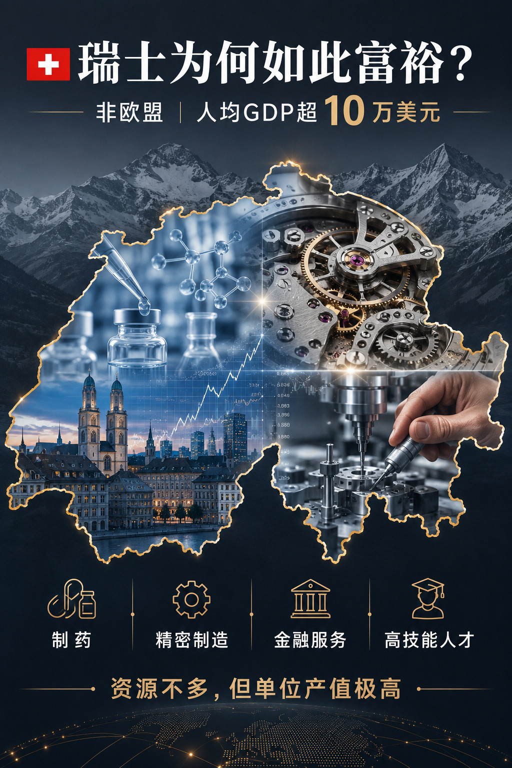 瑞士作为非欧盟国家，人均GDP高达10万美元，远超欧盟国家。其经济发展为何如此强