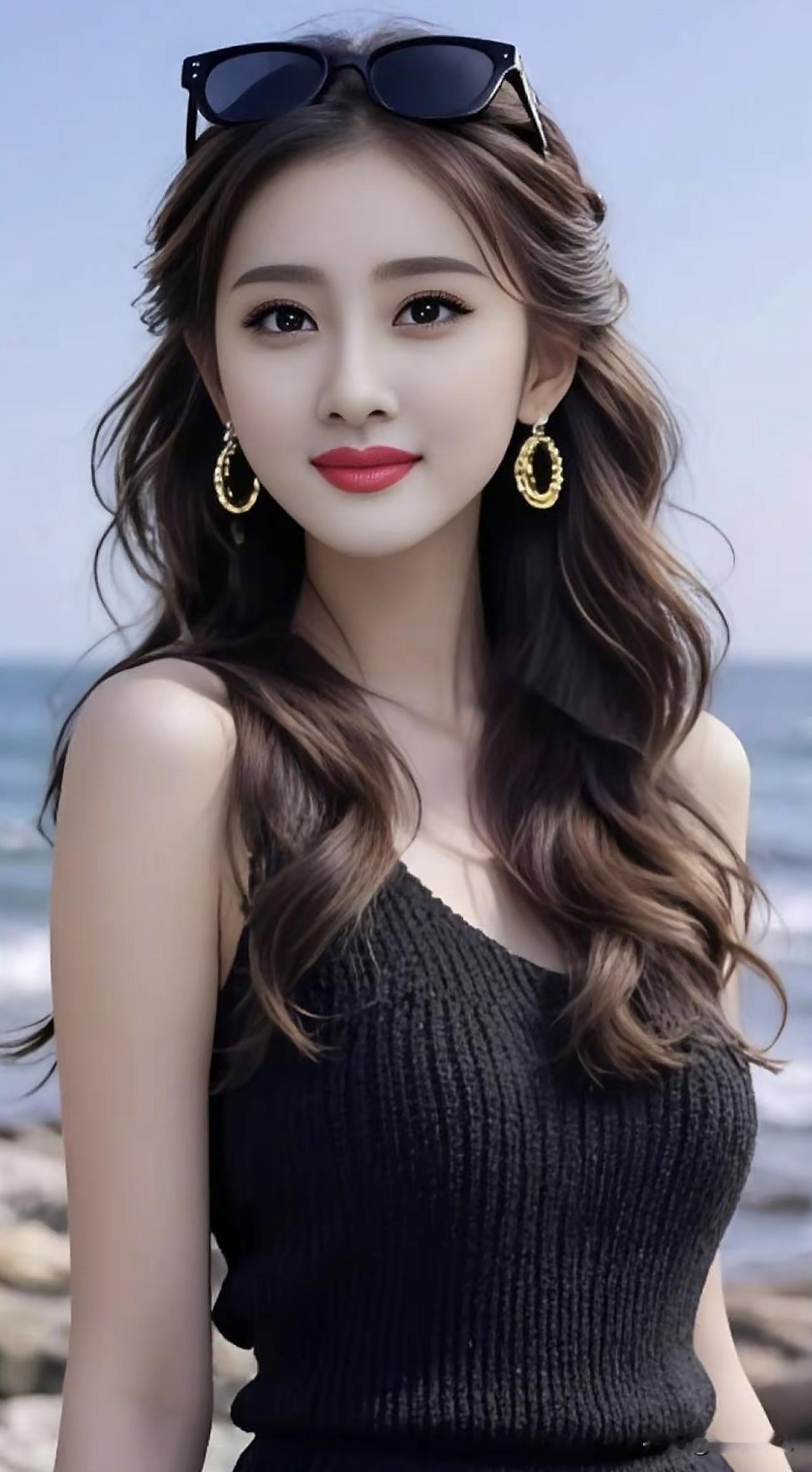 海风吹拂，笑靥如花。温柔的海边风海风美人照海风灵动写真海风美人照海风灵动