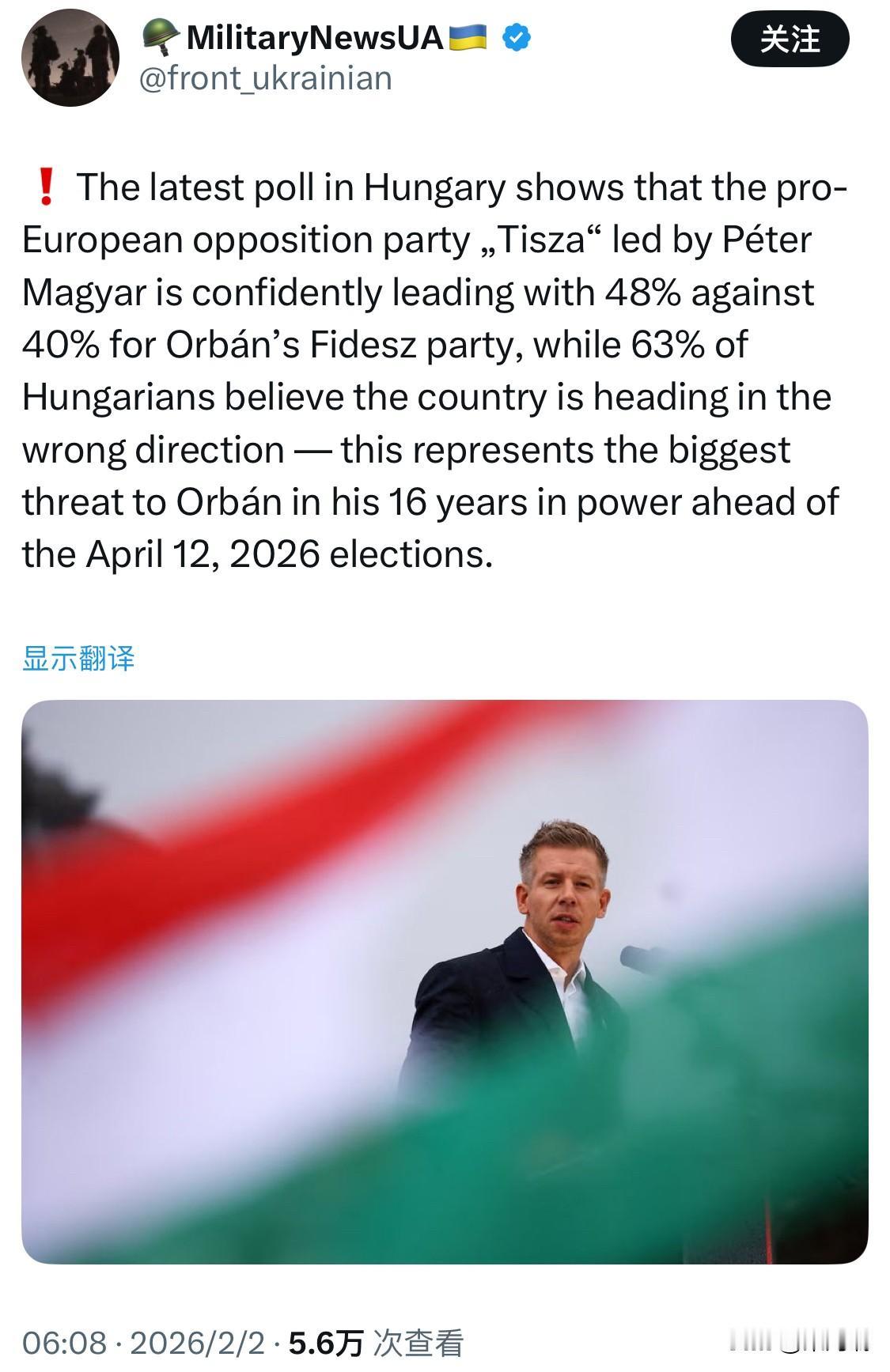 匈牙利最新民调显示，由彼得·马扎尔领导的亲欧反对党“Tisza”以48%的支持率
