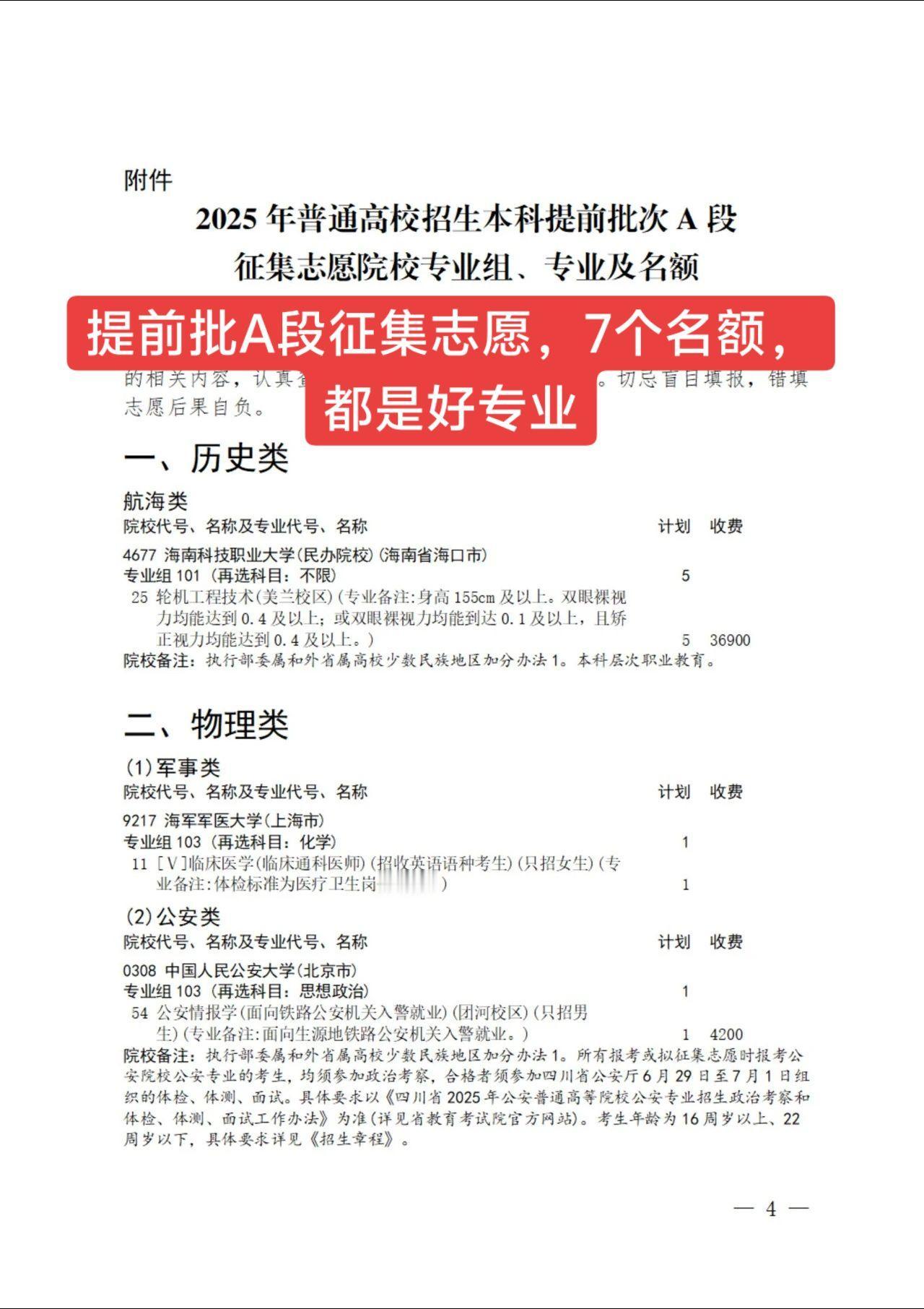 提前批A段征集志愿，7个名额，都是好专业