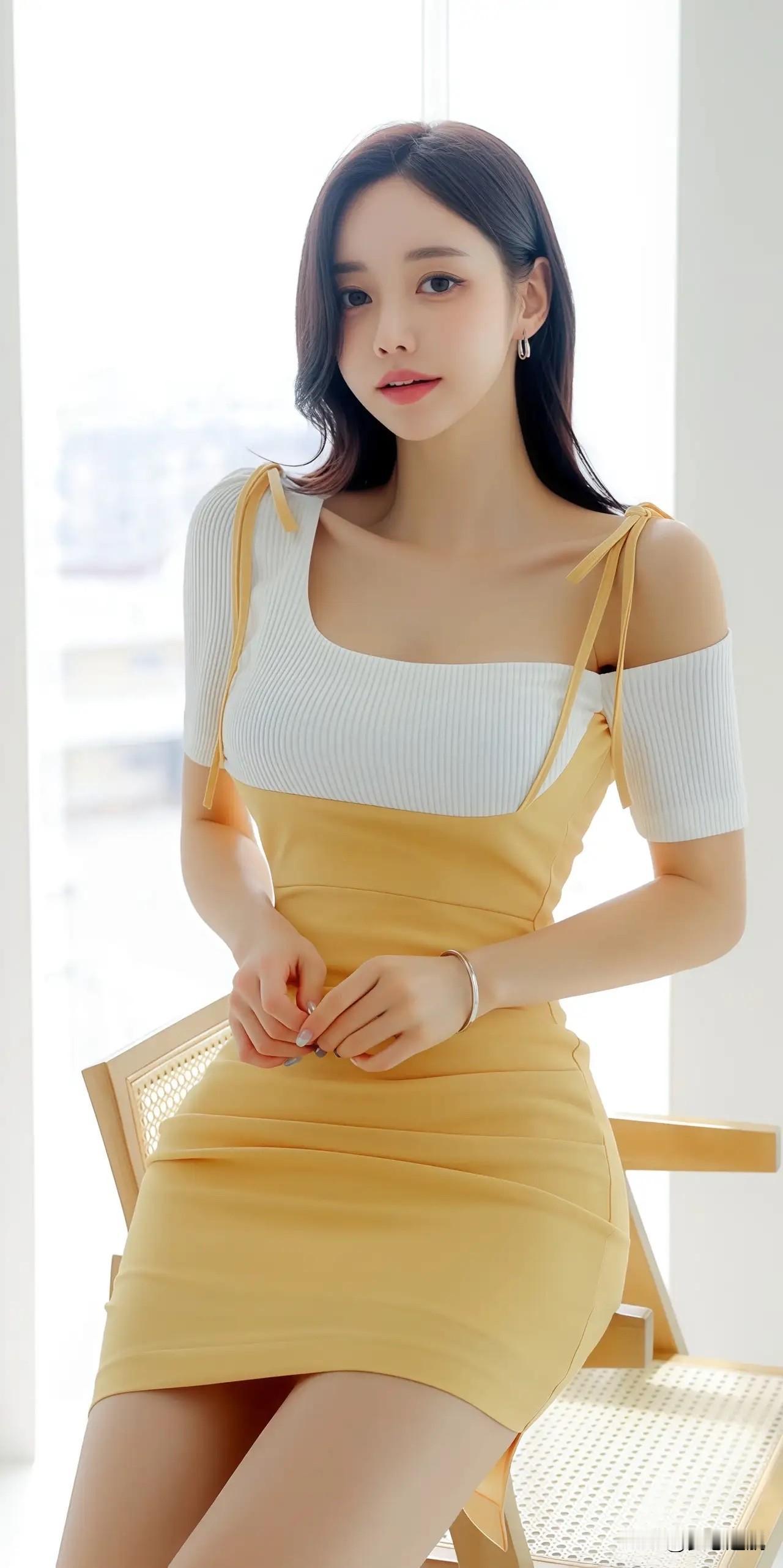 优雅气质，黄色连衣裙搭配白色高跟鞋，都市女性风范。孙允珠孙允珠极品美图灰色吊