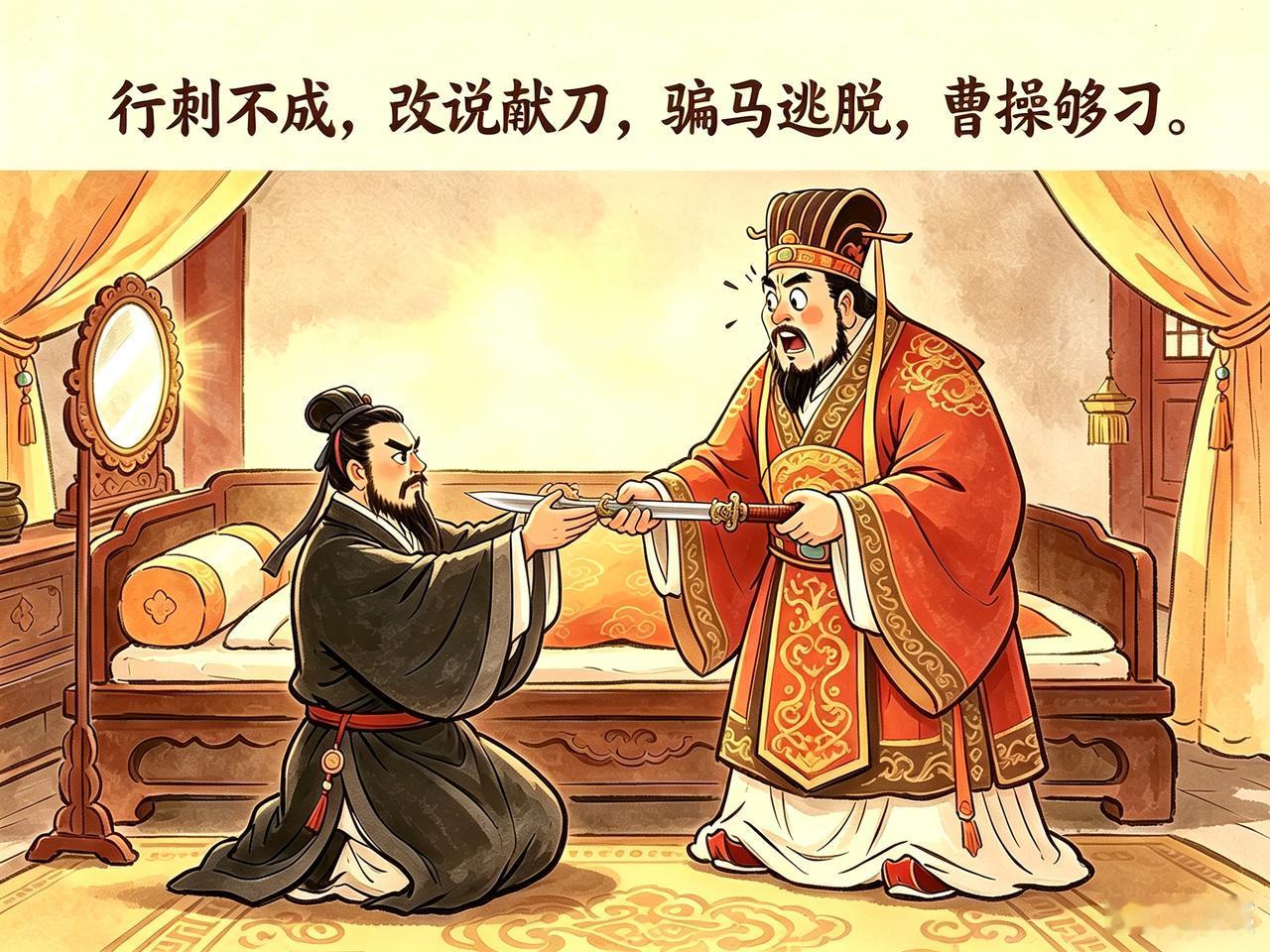 小故事行刺当年曹操，欲刺董卓，到董床前，匕首袖裹，拿出瞬