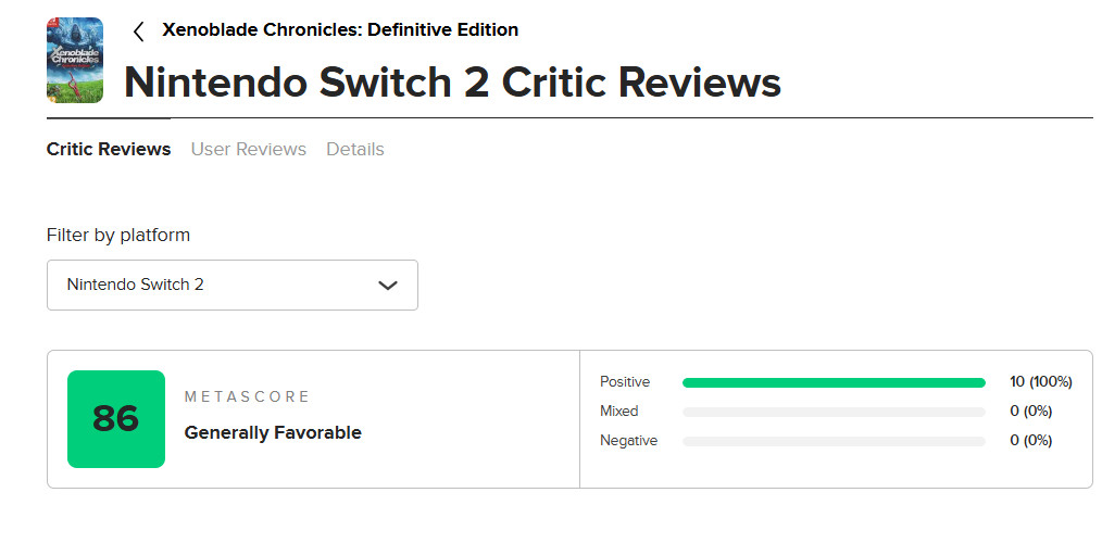 《异度神剑终极版》Switch2版媒体评测正式解禁，Metacritic综合均