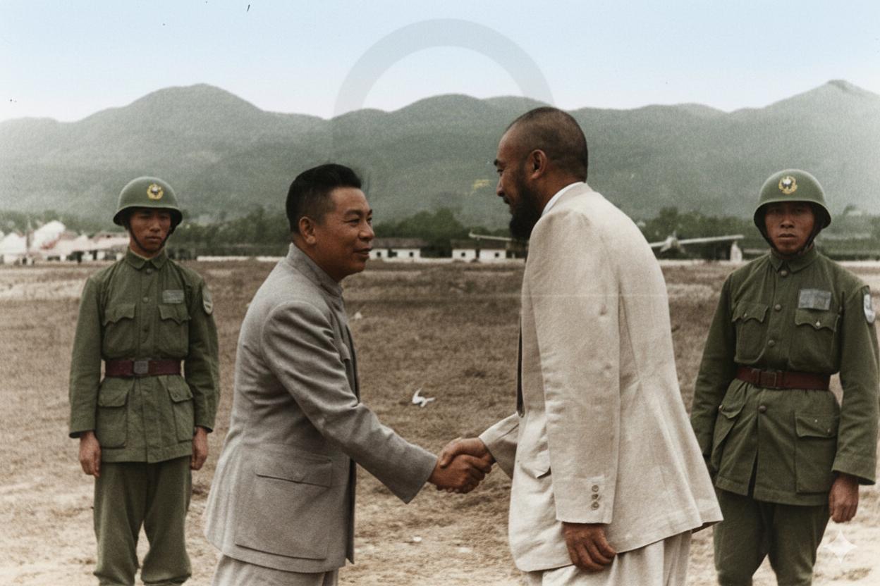 这张照片拍摄于1949年8月28日的重庆的一处机场，蒋经国（左侧，蒋介石的长子）