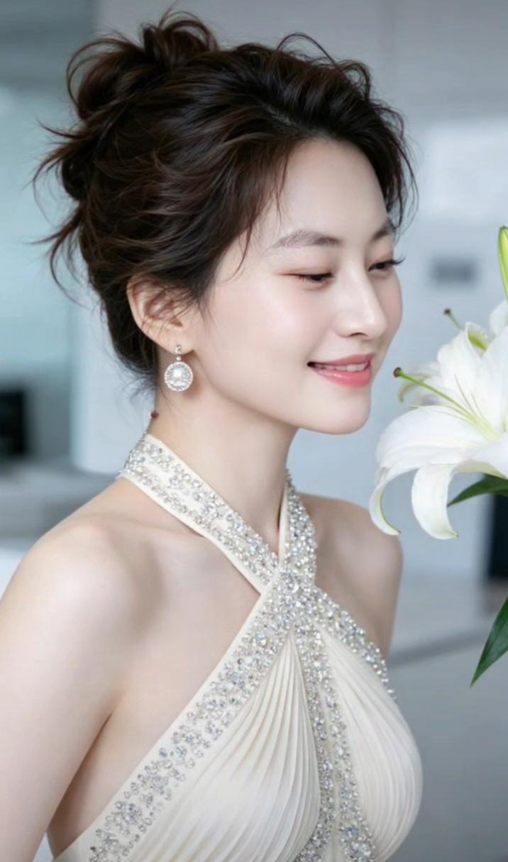这位美女穿着礼服，微笑着看花。