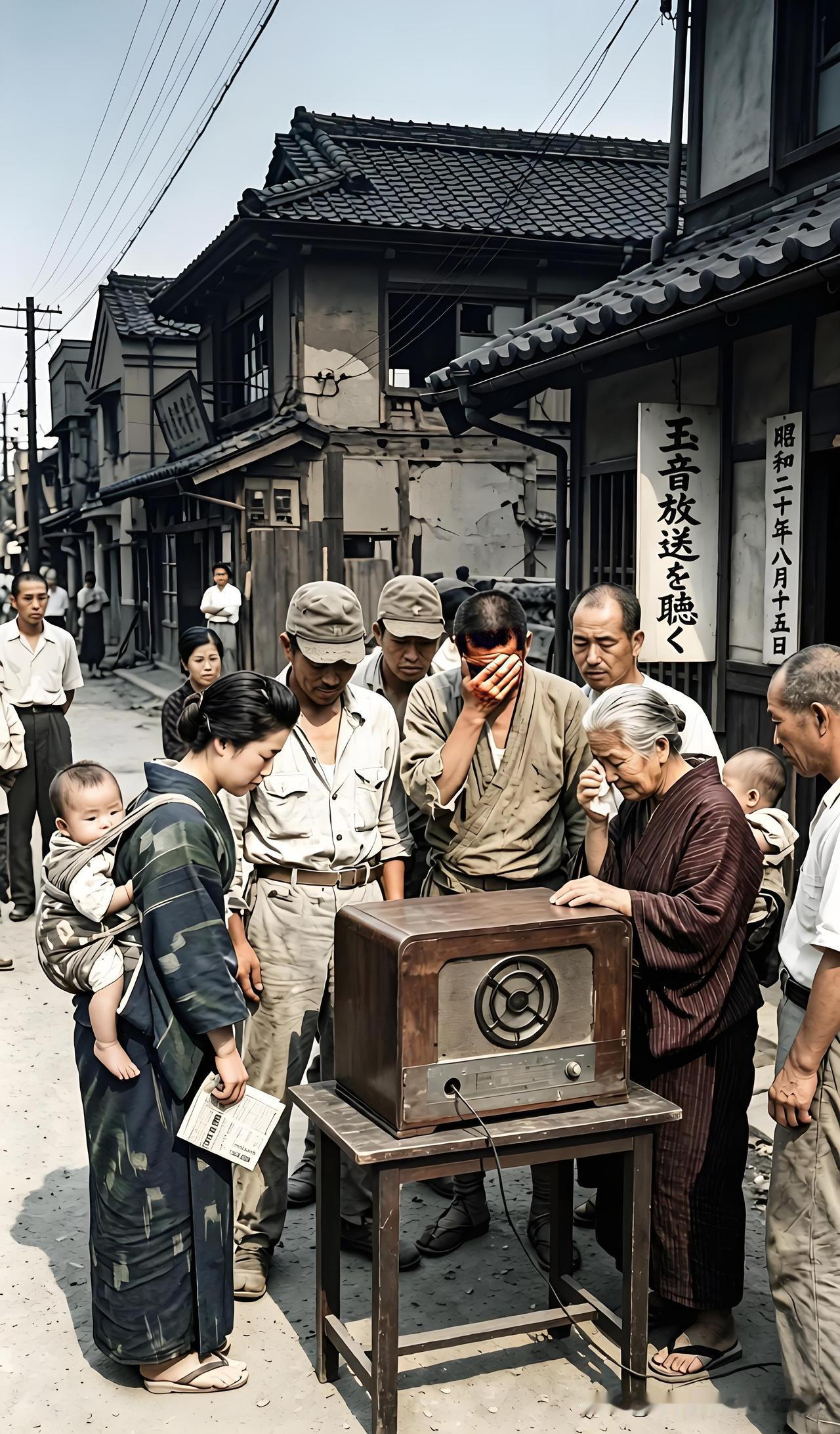 1945年8月15日，收音机前，日本民众听闻战败落泪昭和二十年八月十五日、玉音