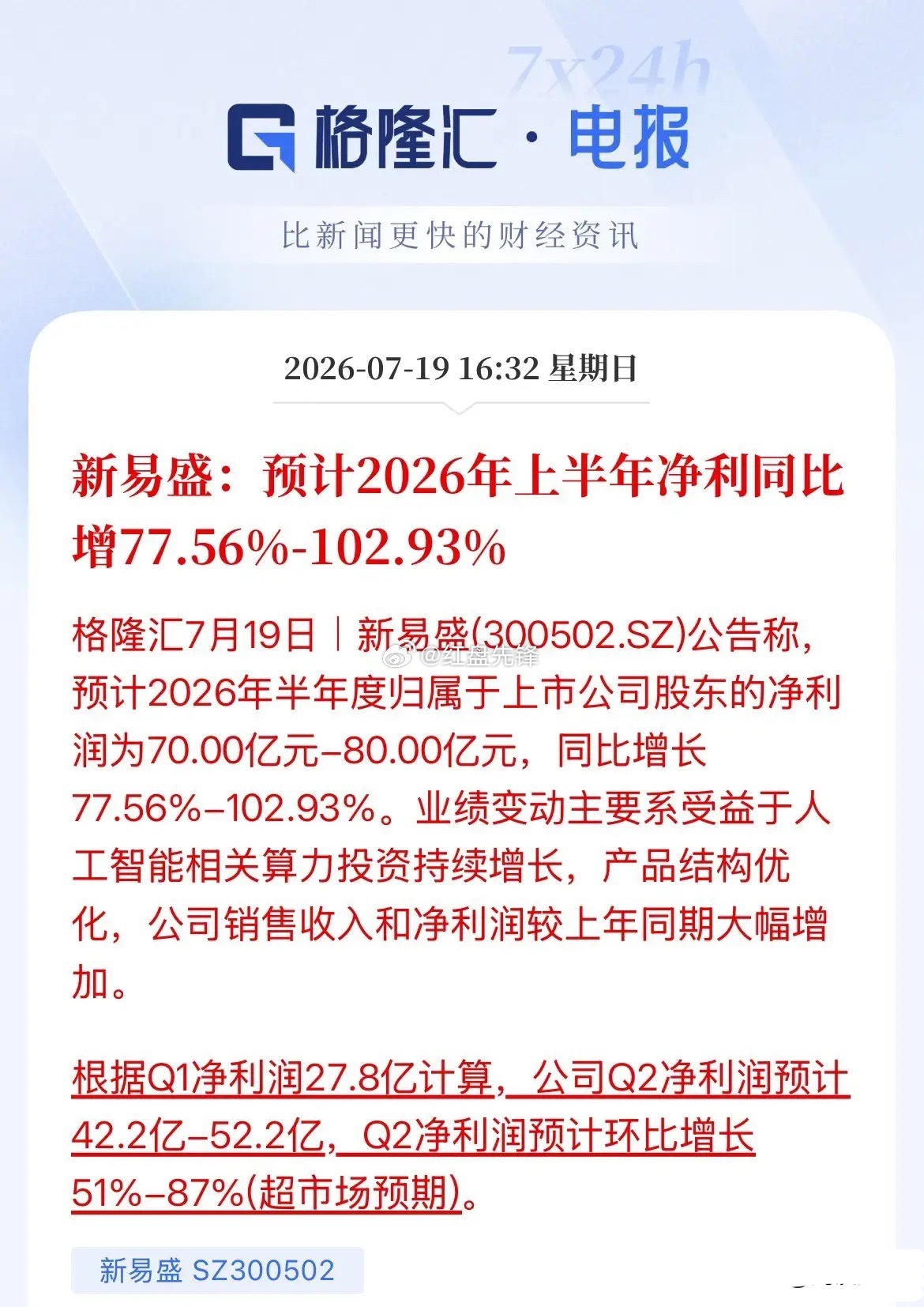 新易盛发布超预期半年报，净利润最高预增100%，大幅领跑最高增速45%的天孚通信