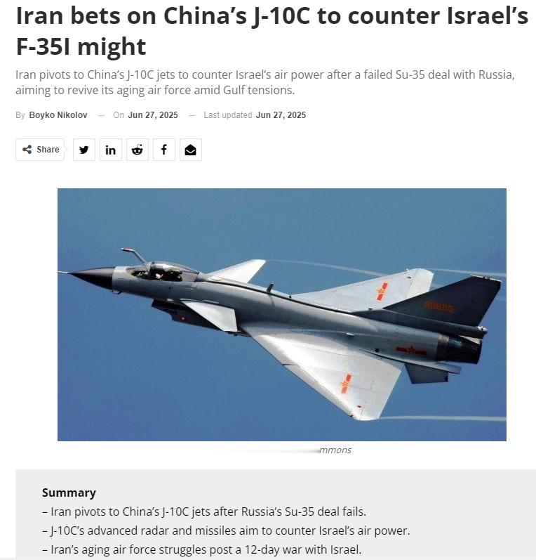 传伊朗向中国采购36架J10C外媒报导，伊朗正加快谈判，寻求引进中国战机。主要原
