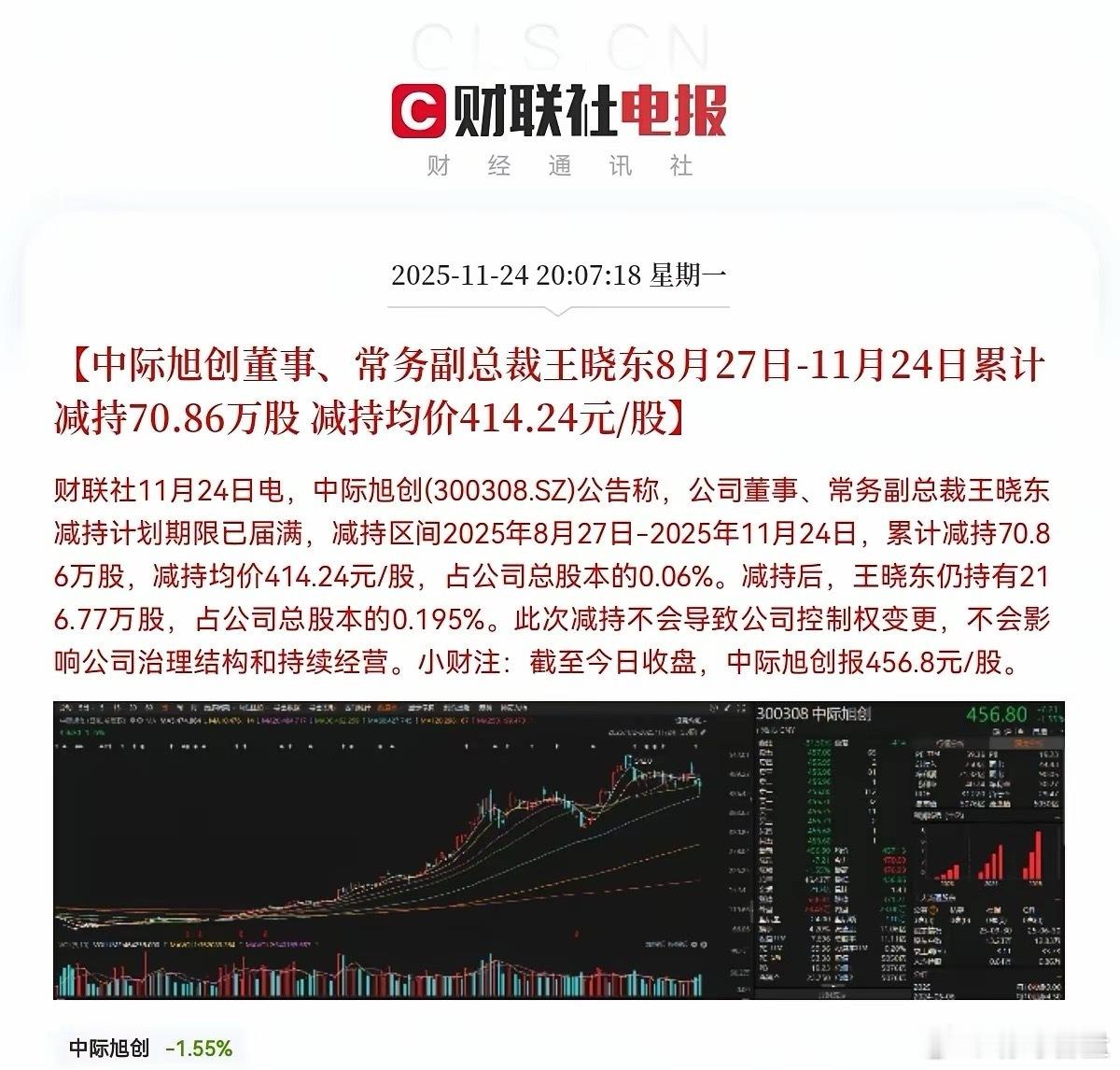 就在刚刚中际旭创重磅公告了！公司董事、常务副总裁王晓东8月27日-11月24日累