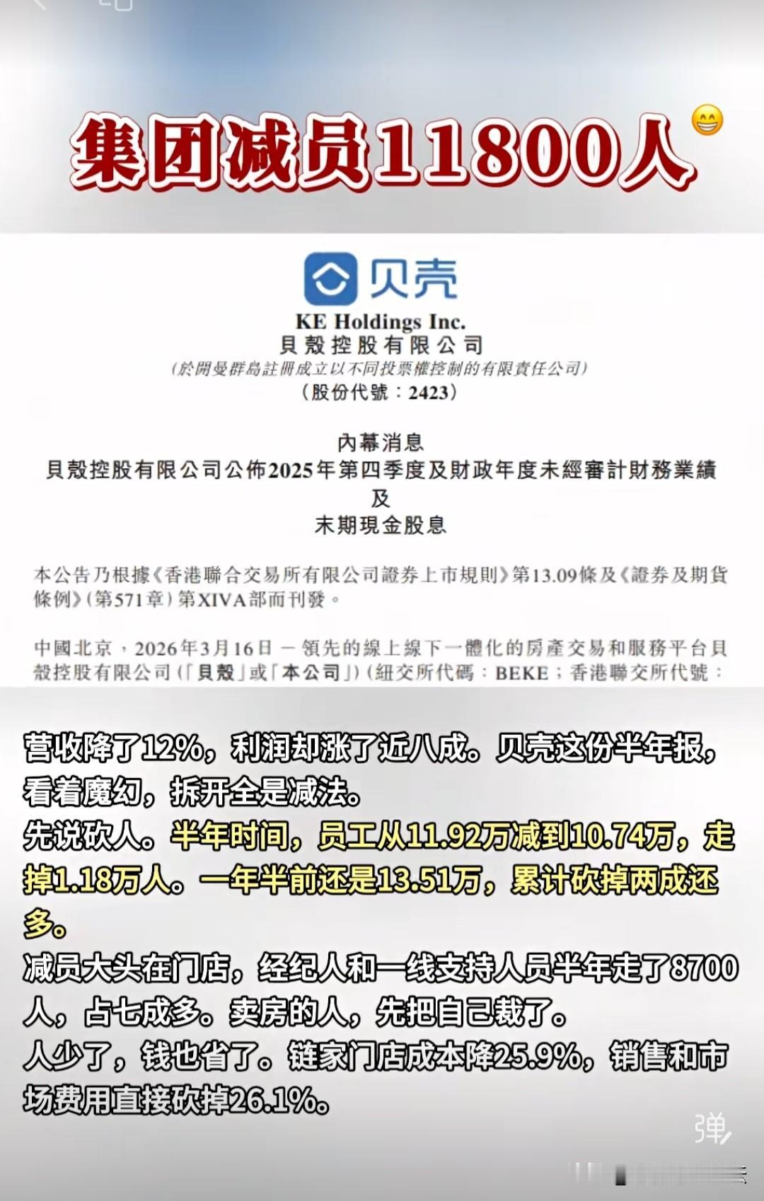 房地产中介巨头，贝壳今年上半年裁员1万多人。跟二手房火热成反比。不过贝壳主要是