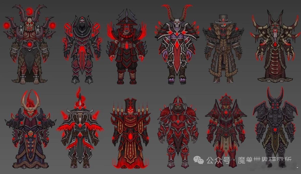 魔兽玩家自制暗影国度温西尔主题全职业护甲套装，对应职业如下：上排：德鲁伊、潜行