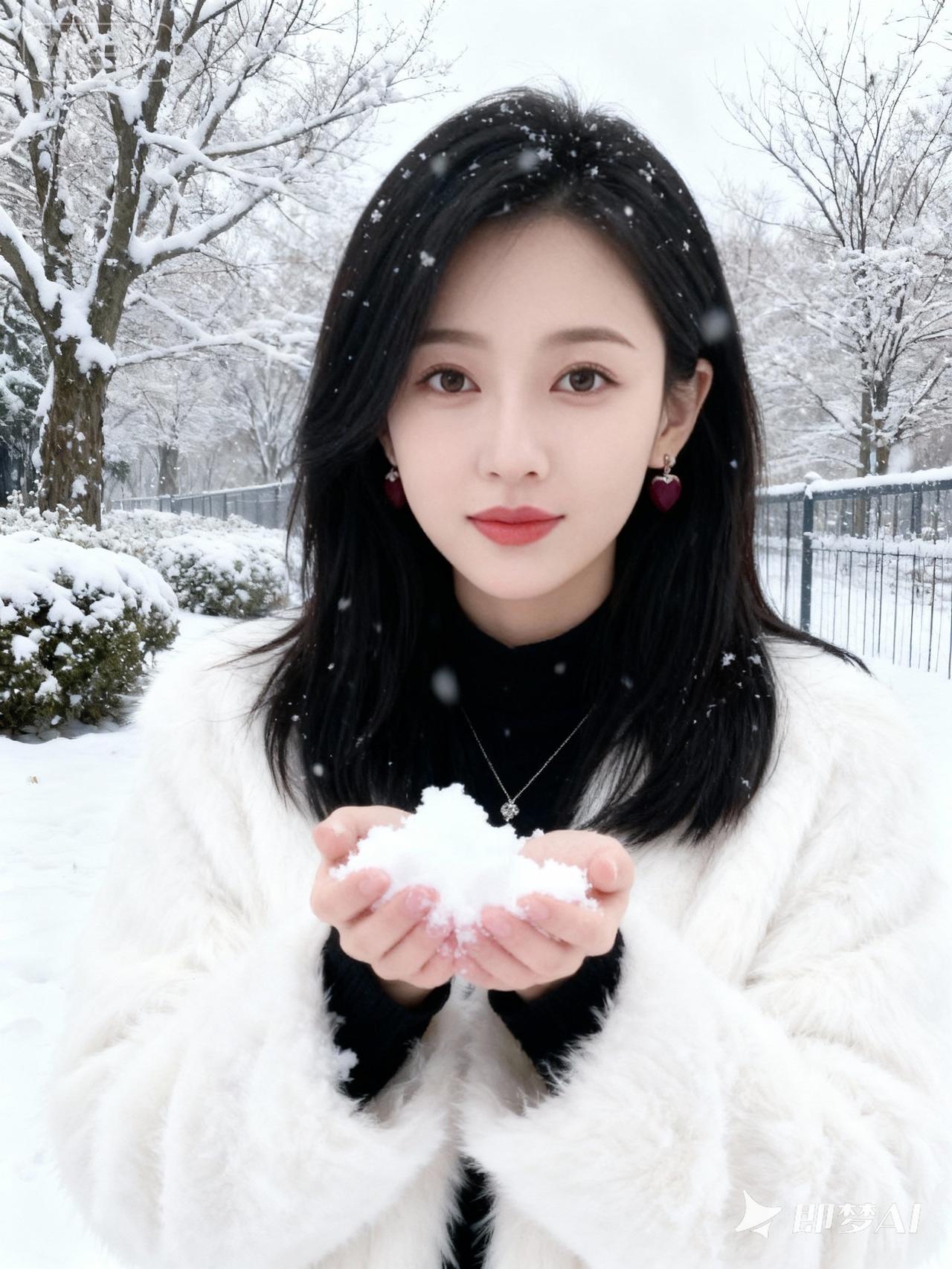 淡红唇亮眼，眼妆清透，长发乌黑披肩；绝世容颜。身着白色毛绒外套，内搭黑色衣物，颈