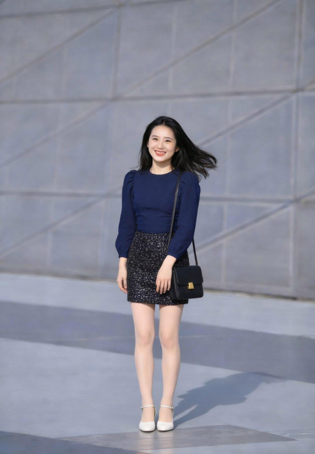 小姐姐身着藏青色上衣搭配亮片短裙，脚踩米白色尖头粗跟鞋，斜挎黑色方包，甜酷又不失