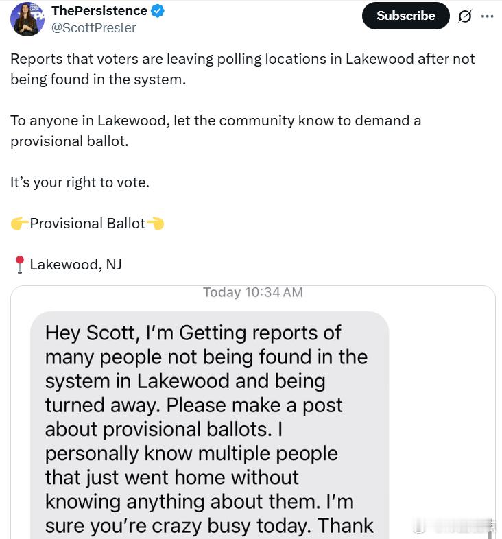 斯科特·普雷斯勒：新泽西州莱克伍德(Lakewood)的选民因为在系统中查不到登