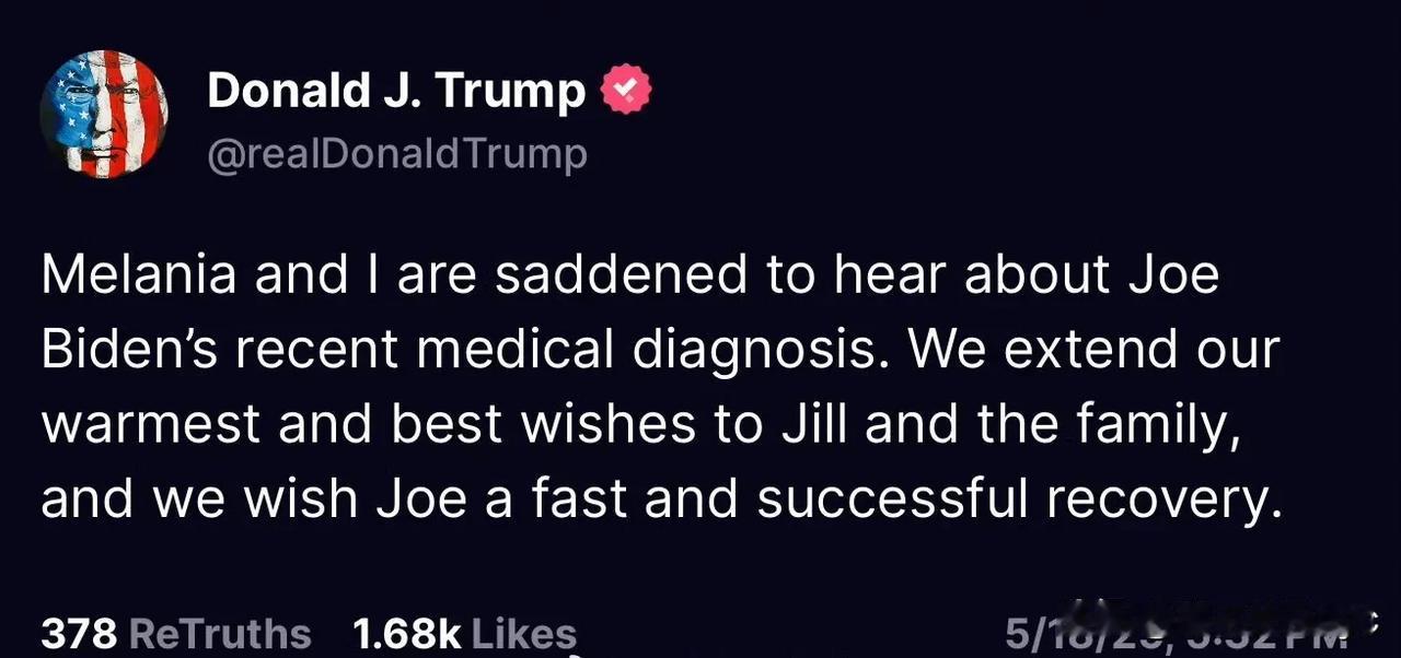 川普发文祝福拜登:”Melania和我对拜登最近的医疗诊断深感难过。我们向J
