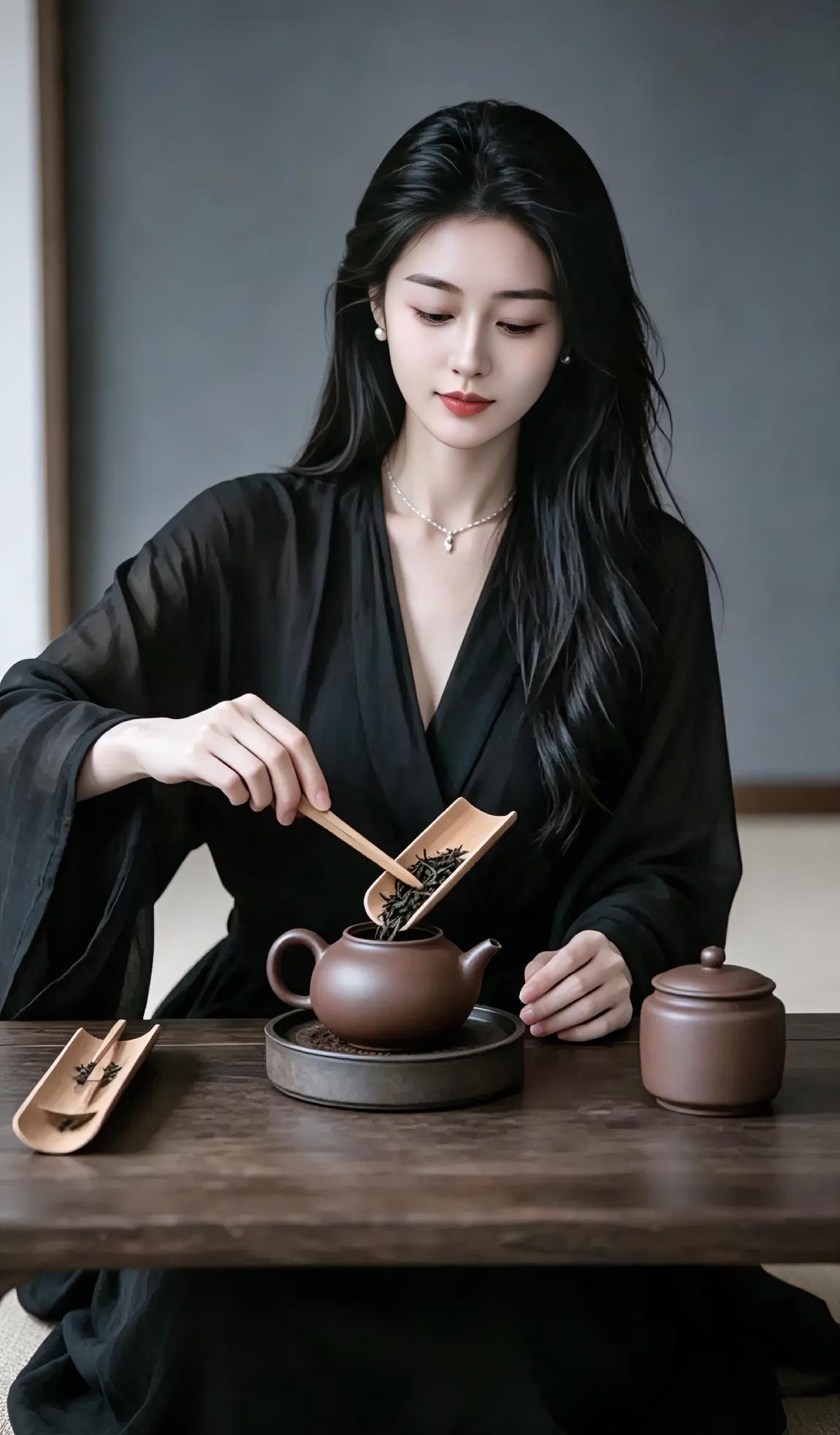 木勺轻扬，茶叶落入紫砂壶。黑衣素雅，长发垂落肩头。你低头品茗，