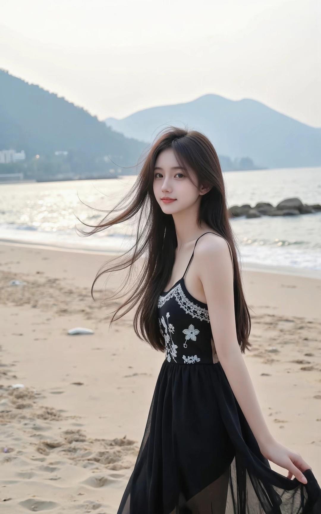 海边漫步，微风拂面，黑裙飘逸，少女如画。