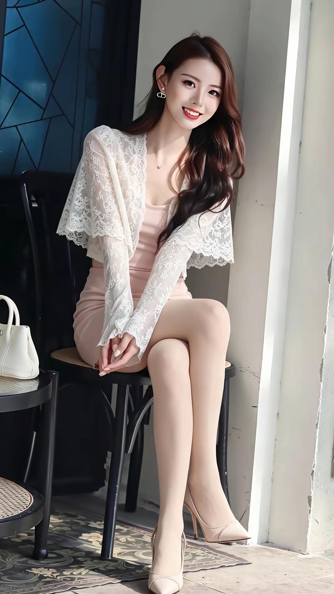 优雅气质穿搭，蕾丝连衣裙搭配高跟鞋，甜美笑容，轻松迷人！