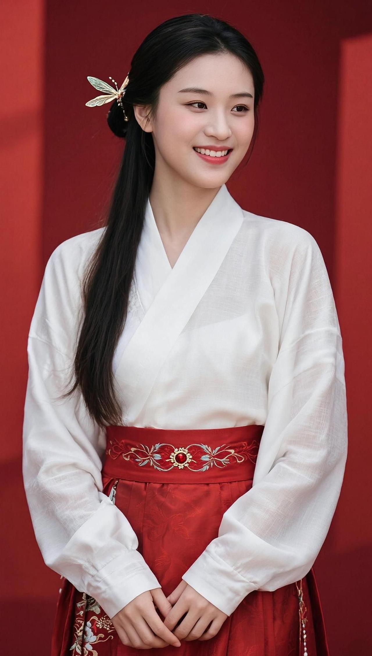 汉服的雅致与现代的简约交织，仿佛时光在这一刻停驻。衣袂飘飘，红白相间的色调如同晨