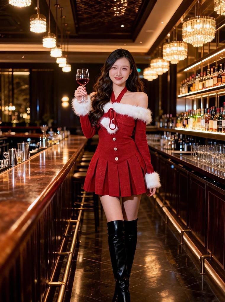 圣诞战袍，微醺在鎏金光影的吧台，红裙与酒香撞个满怀，把浪漫揉进每一杯酒里，敬这