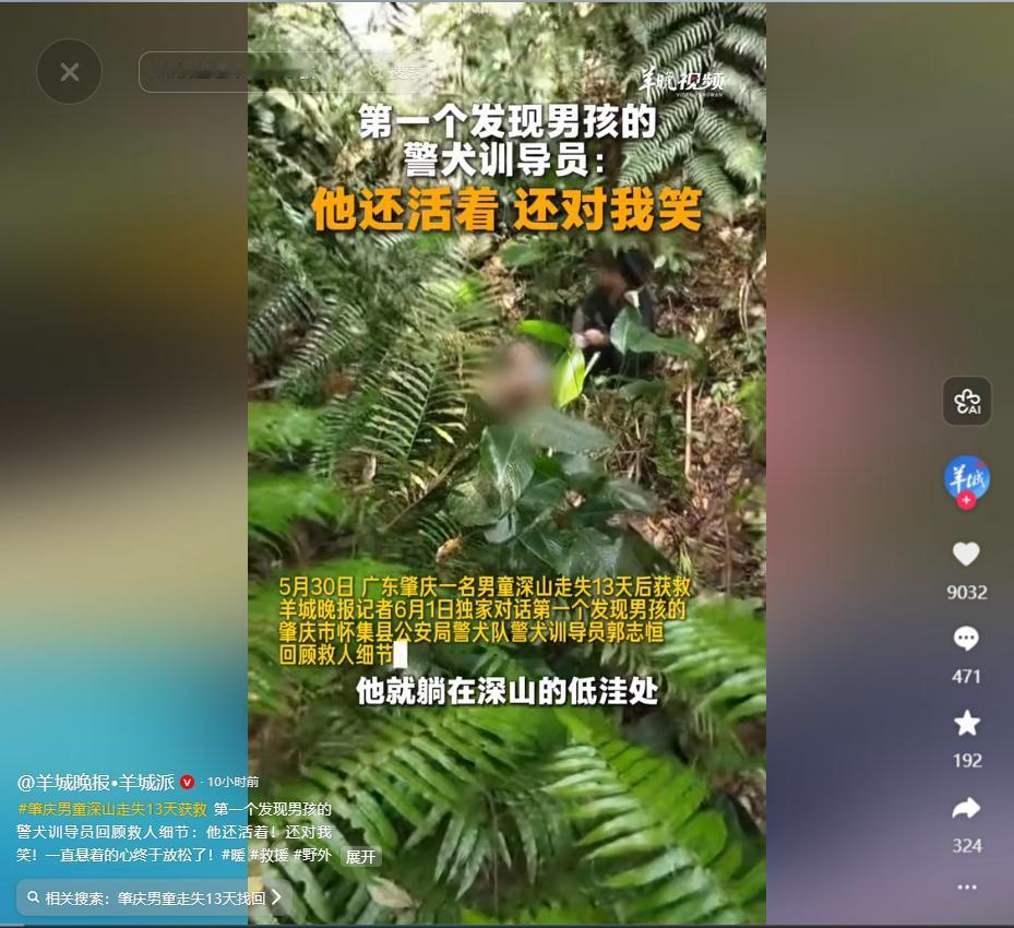 奇迹发生了！羊城晚报6月2日报道，肇庆一名11岁男孩走失在偏远无人山林中，整整失