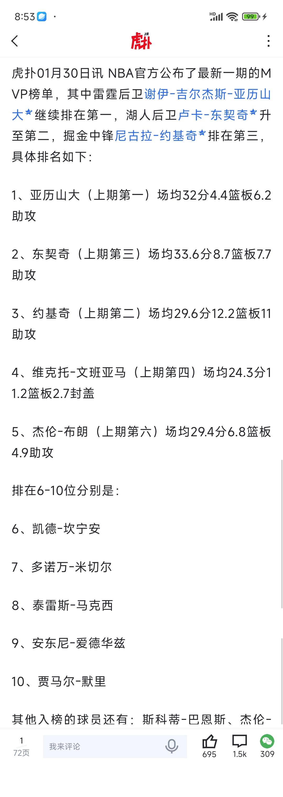 联盟很想捧东契奇当MVP，这就第二啦。雷霆近期1胜3负成绩不咋地，亚历山大被